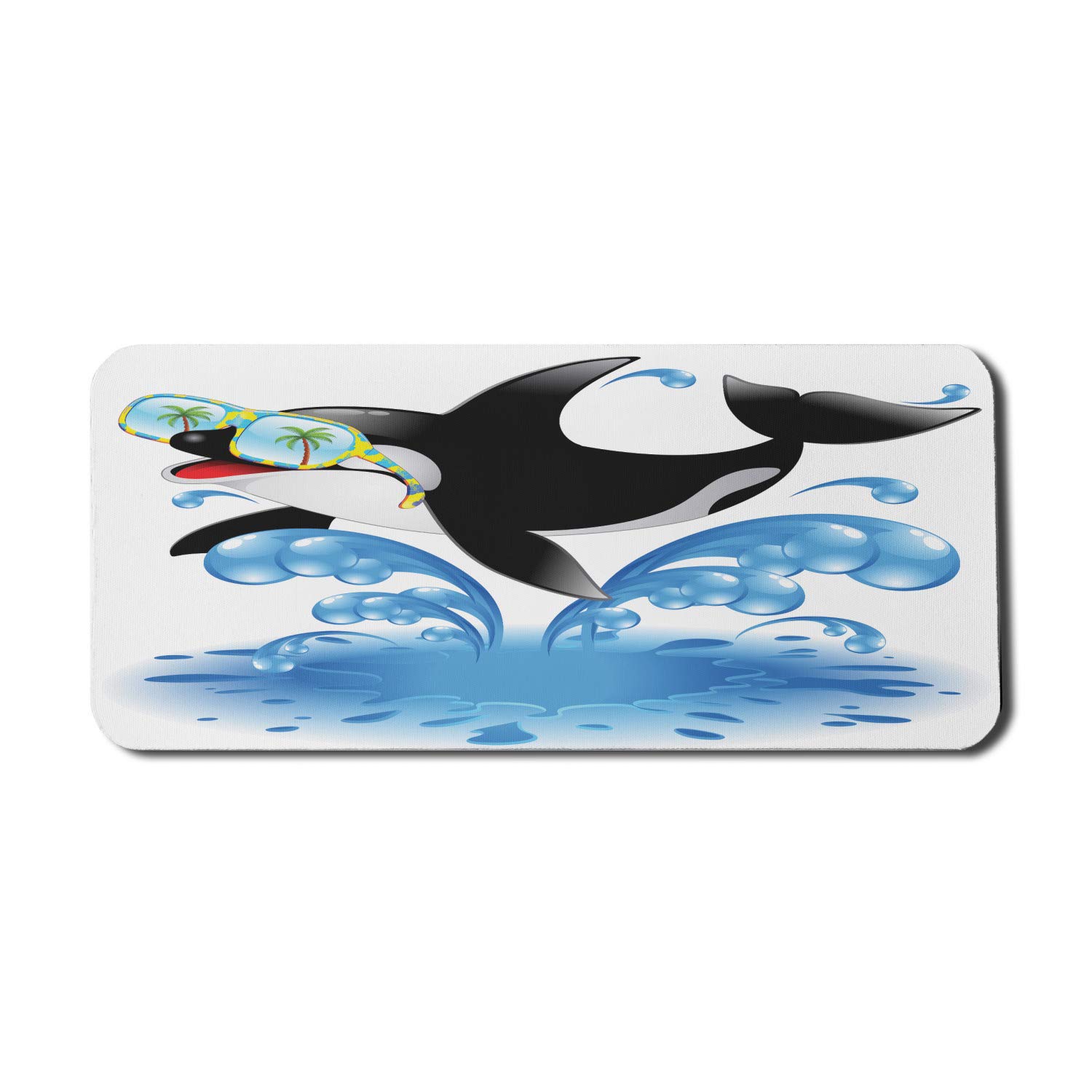 Ambesonne Funny Computer Mouse Pad - Summer Holiday Ocean Jumping Killer Whale with Sunglasses Cartoon Design, Non-Slip Rubber Base, Extra Large 35