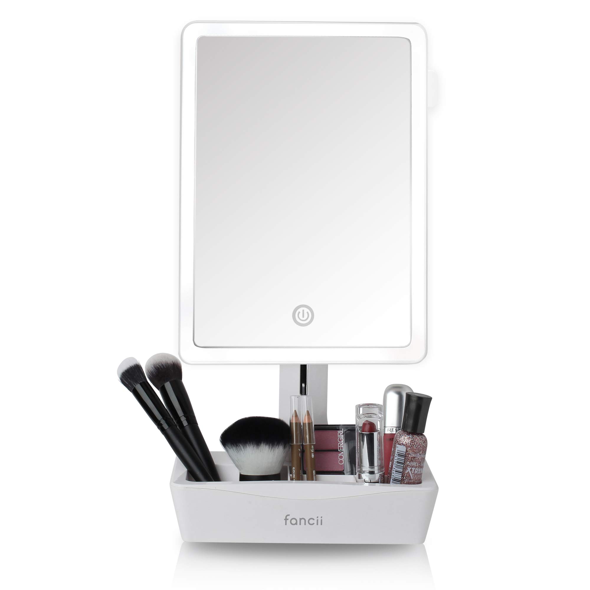 Fancii LED Lighted Large Vanity Makeup Mirror with 10X Magnifying Mirror - Dimmable Natural Light, Touch Screen, Dual Power, Adjustable Stand with Cosmetic Organizer - Perfect for Professional Makeup Artists, Home Vanity & Travel Use