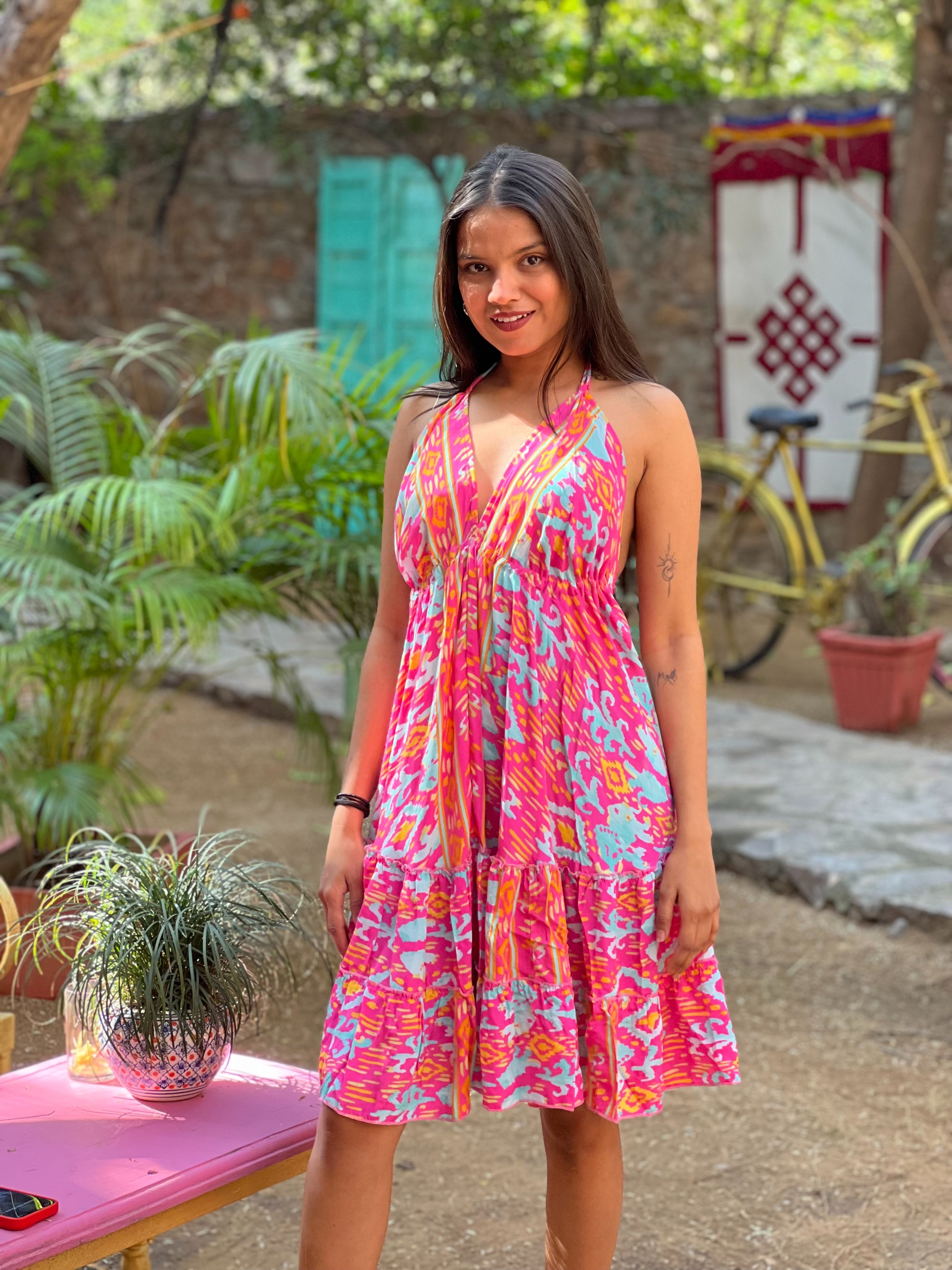 Short Double Frill Dress in Crazy Pink - Perfect for Parties, Dates & Summer Outfits