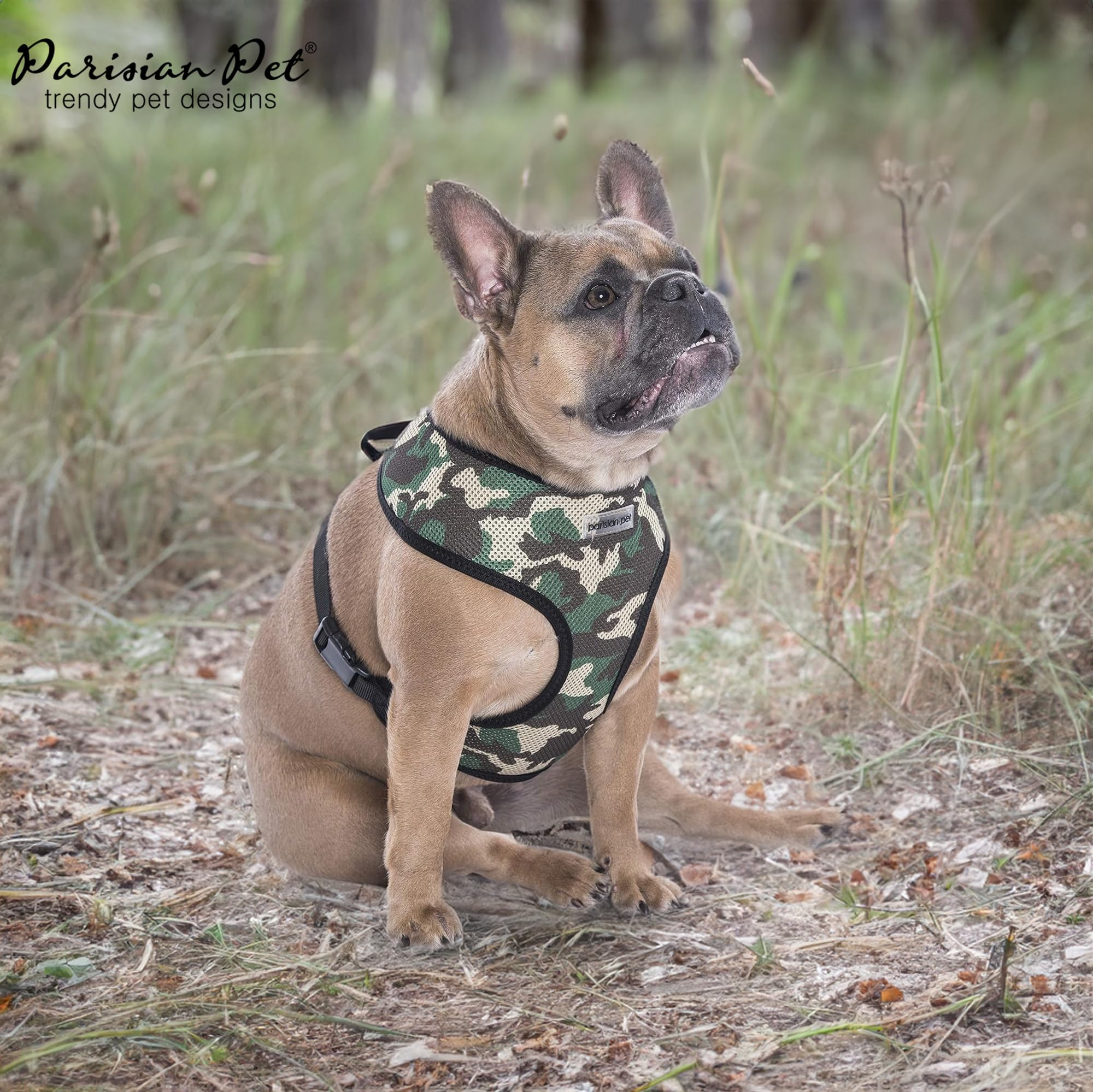 Parisian Pet Adjustable Dog Harness - Green Camo Cooling Mesh Vest for Small Dogs - Breathable & Comfortable Outdoor Adventure Gear - Perfect for Hiking, Walking & Travel