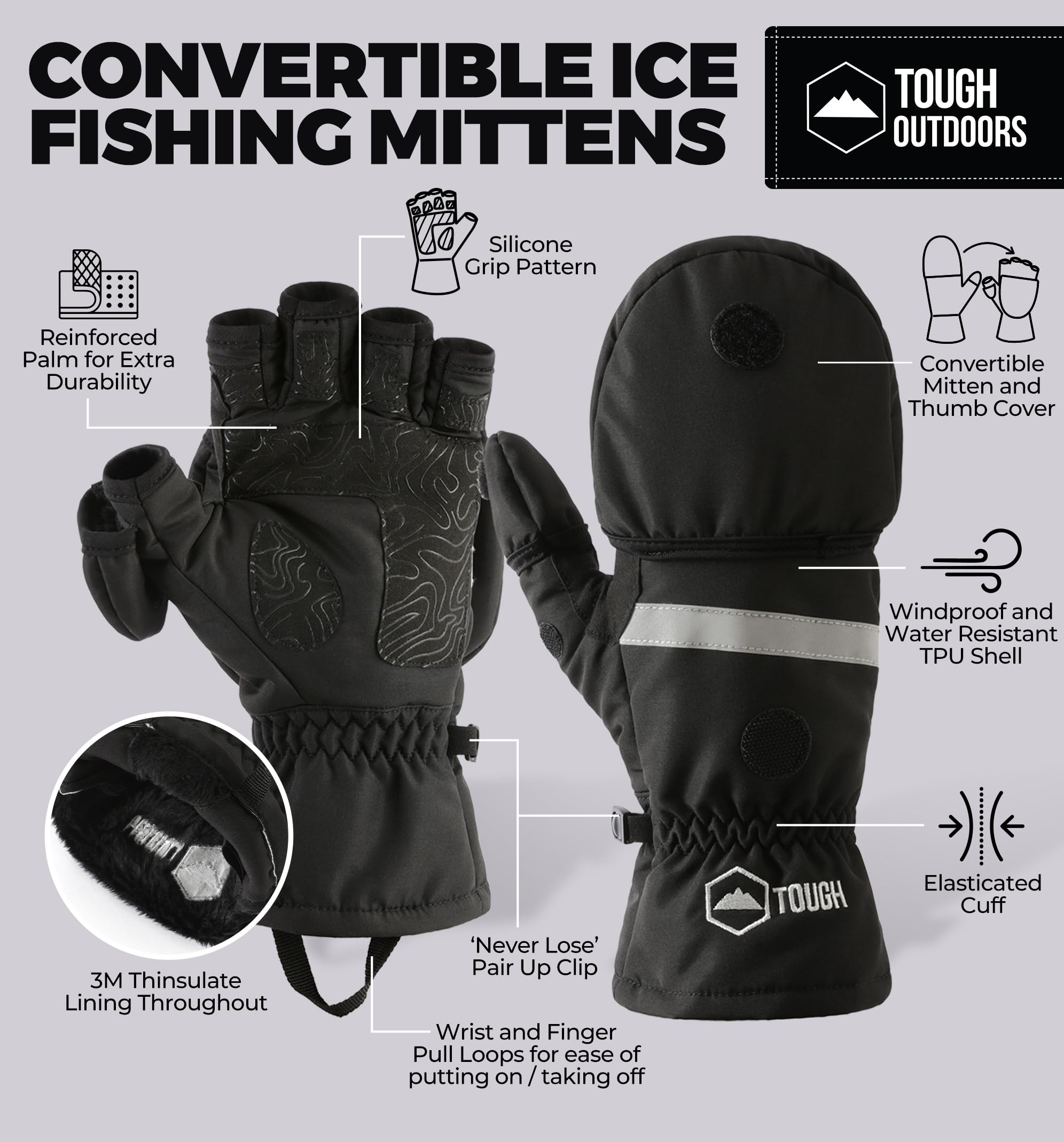 **3M Thinsulate Waterproof Ice Fishing Gloves for Men & Women - Winter Convertible Mittens with Finger Flaps - Cold Weather Fly Fishing & Photography Gloves for Outdoor Activities**