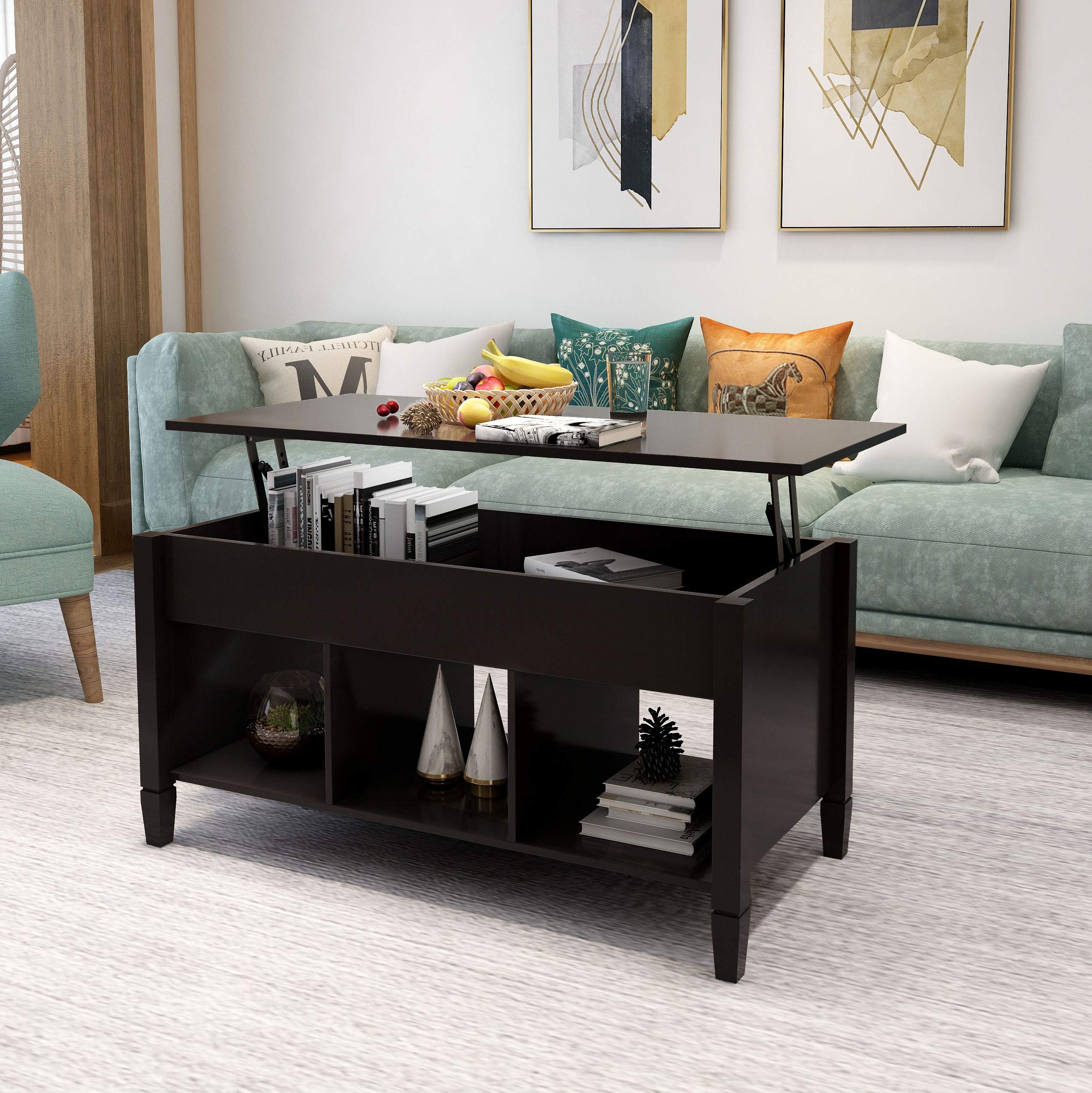 **Adjustable Lift Top Coffee Table - Modern Wood Lift Top Storage Table with Hidden Compartment & Lower Shelf for Living Room, Office, or Dorm - Black**    *(Use Cases: Perfect for small spaces, working from home, or as a stylish storage solution in your living room, office, or dorm.)*