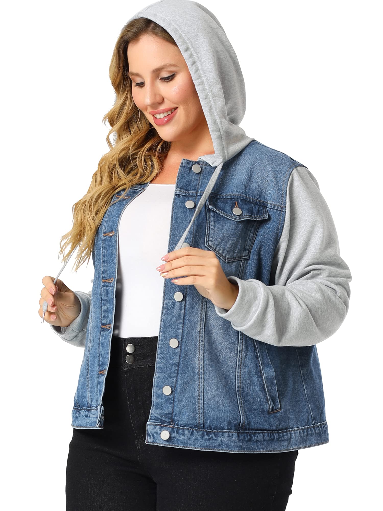 Agnes Orinda Women's Plus Size Denim Jacket - Layered Drawstring Hoodie with Pockets | Casual Outerwear for Street Style & Everyday Wear