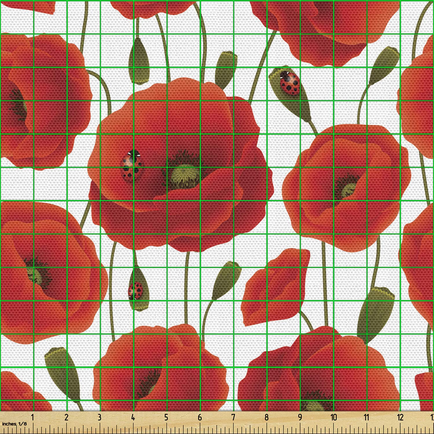 Ambesonne Poppy Flower Fabric by The Yard - Springs Ladybugs Animals Plants Flora Fauna Nature Design - Decorative Upholstery & Home Accent Fabric - 10 Yards Red Green - Perfect for DIY Pillows, Curtains & Craft Projects