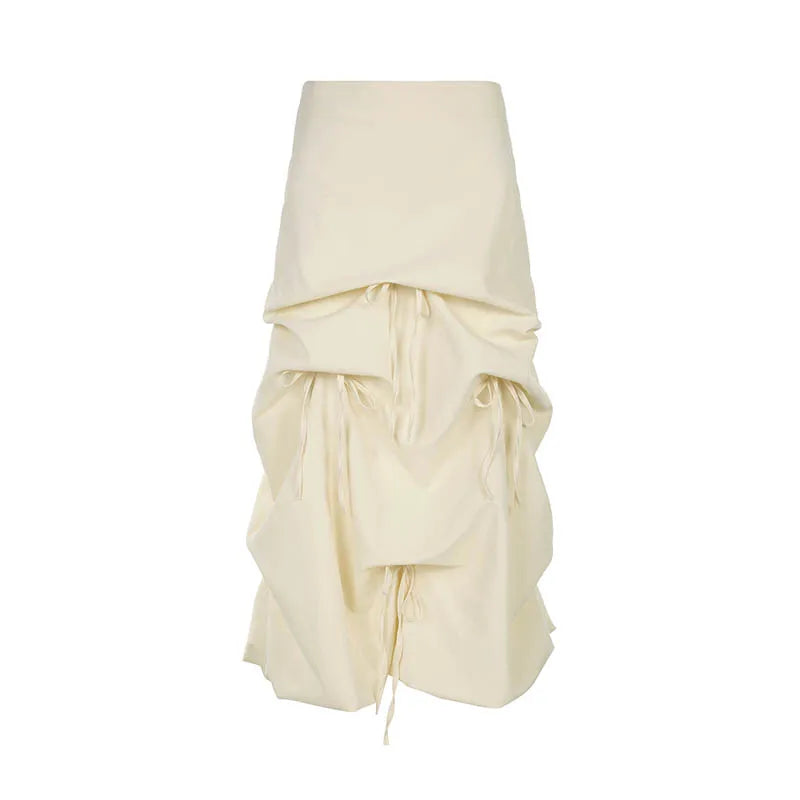 Asymmetrical Drawstring Bow Loose Long Skirt for Women - Streetwear Cargo Draped Solid Skirt with Shirring Details | Gorpcore Fashion Outfit for Casual Wear, Outdoor Adventures & Urban Street Style