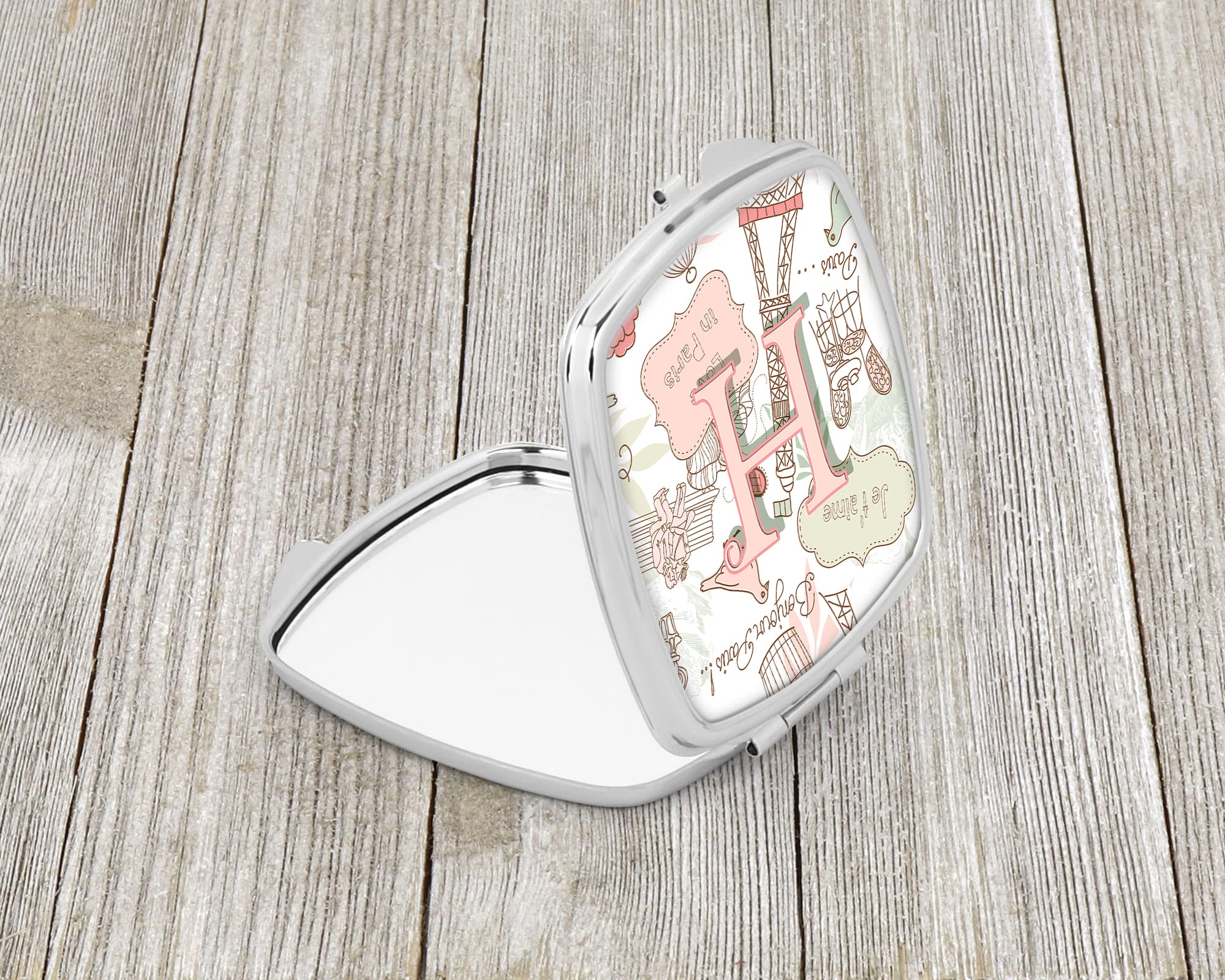 Caroline's Treasures CJ2002-HSCM Paris-Themed Letter H Compact Mirror - Pink Travel Makeup Mirror for Women & Girls | Perfect Gift, Portable Folding Handheld Mirror for Purse, Home Vanity & On-the-Go Touchups