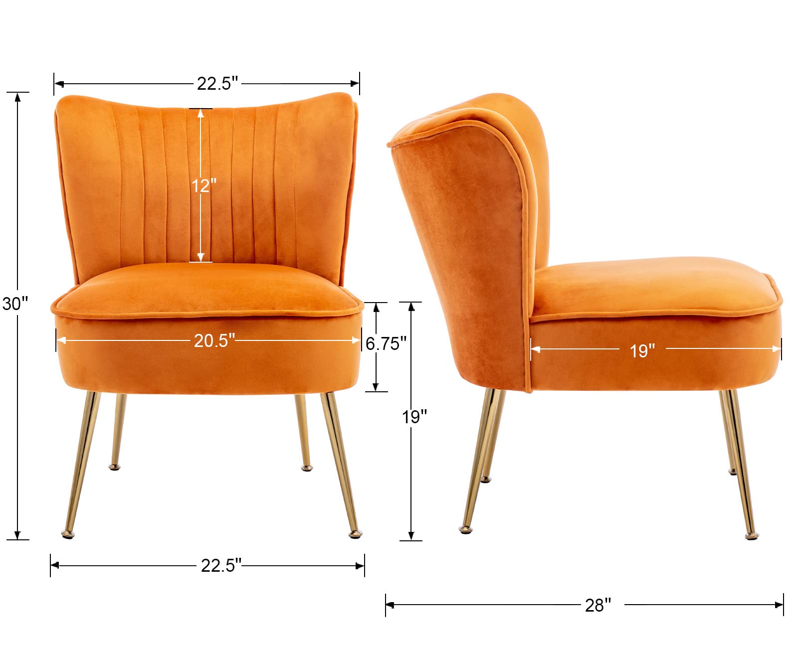 Velvet Accent Chairs Set of 2 - Mid-Century Modern Upholstered Side Chairs with Golden Legs, Comfy Armless Wingback Slipper Chairs for Living Room, Guest Room & Bedroom - Stylish Orange Home Decor for Cozy Seating & Lounge Areas