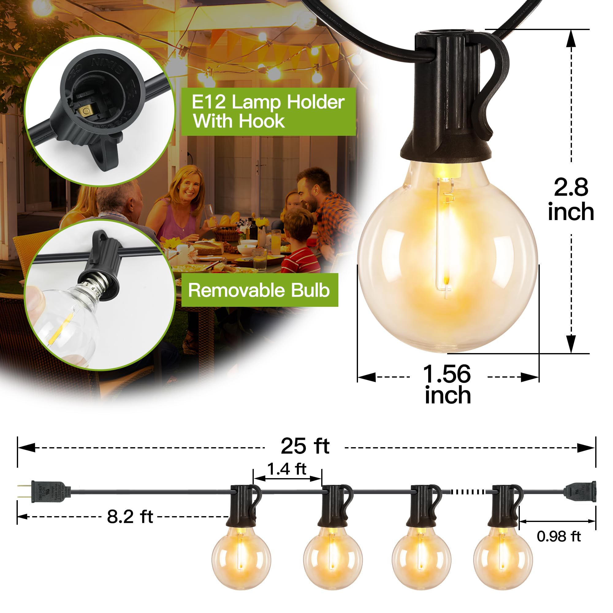 25Ft G40 String Lights - 13 Bulbs (1 Spare) Waterproof Shatterproof Connectable Outdoor Patio Lights for Backyard, Porch, Balcony, Garden, Deck - Perfect for Weddings, Parties & Holiday Decorations