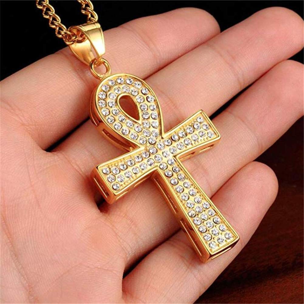 PAURO Men's Stainless Steel Cubic Zirconia Hip Hop Gold Egyptian Ankh Cross Pendant Necklace - Iced Out Hip Hop Jewelry for Men - Perfect for Parties, Gifts & Streetwear Fashion