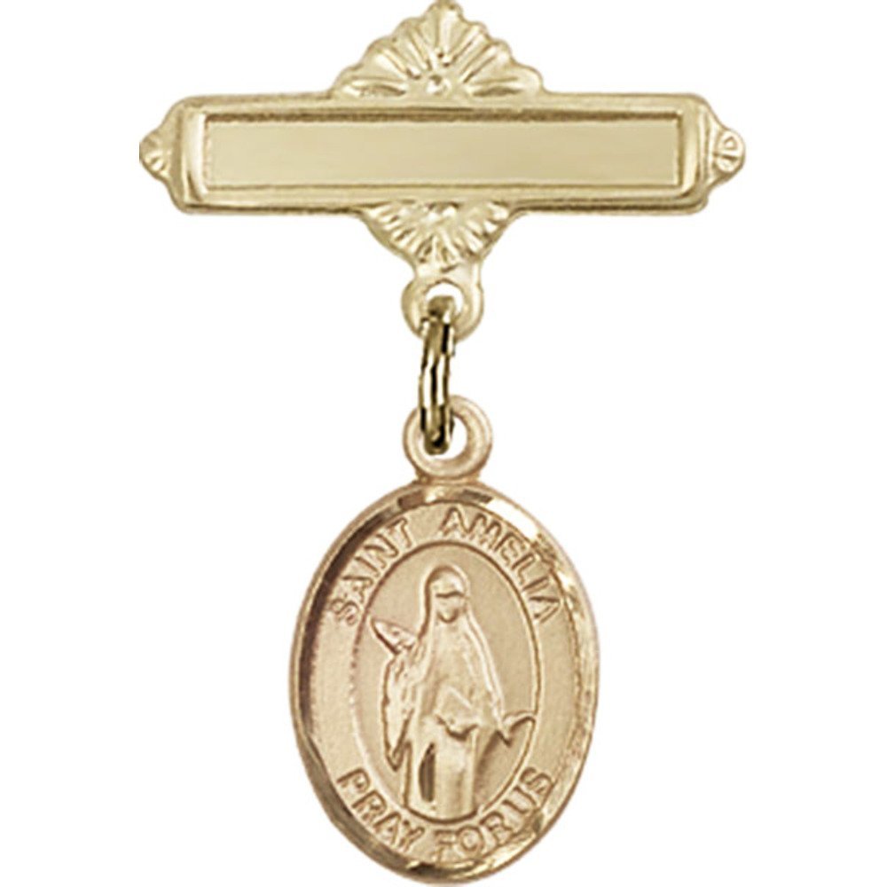 St. Amelia Gold Filled Baby Badge Charm - 1 X 5/8 Inch Polished Pin for Christening, Baptism & First Communion Gifts - Perfect for Newborn Keepsakes & Religious Jewelry