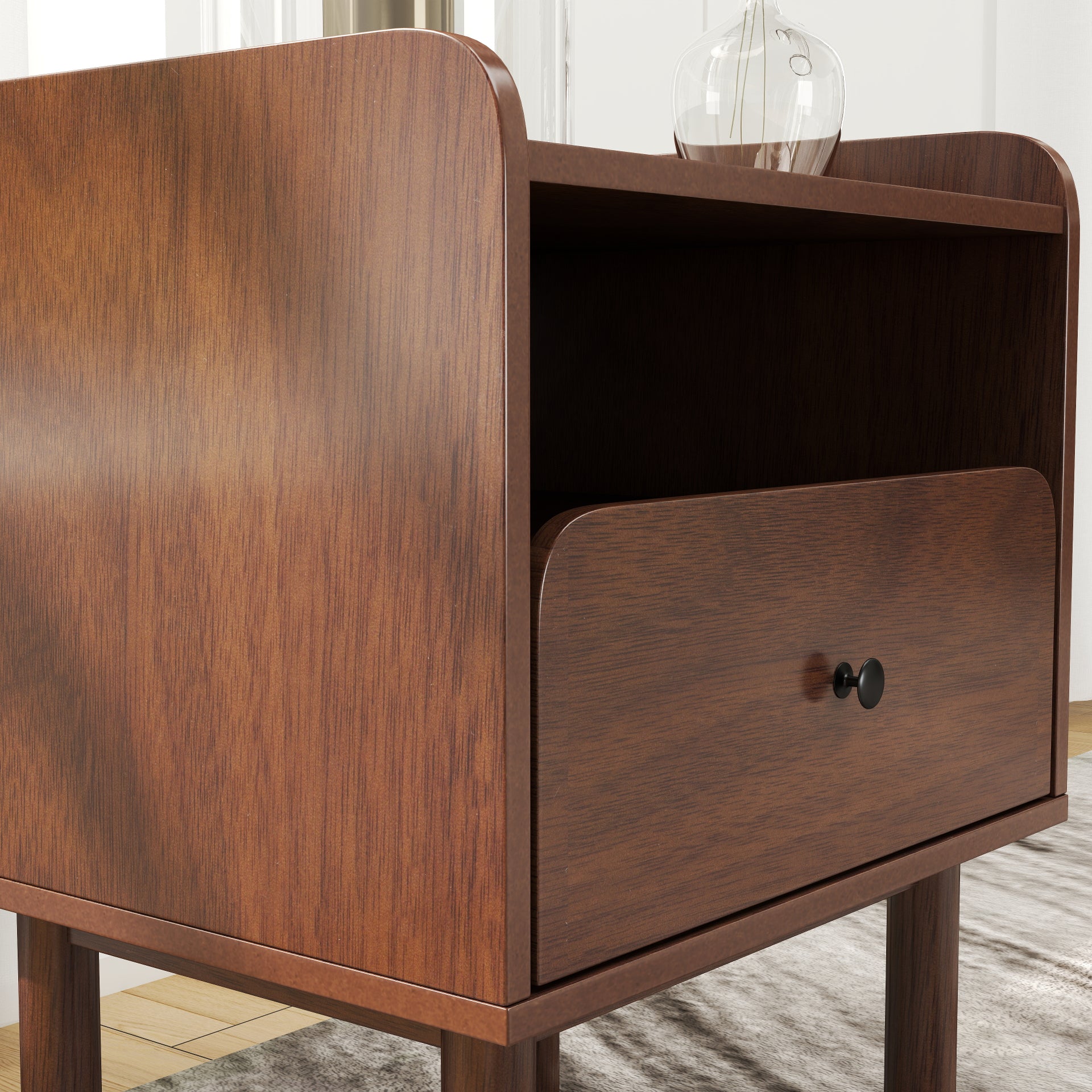 Roundhill Furniture Wyller Dual Tier Storage Nightstand - Modern Side Table with Natural Walnut Finish for Bedroom, Living Room & Office Organization