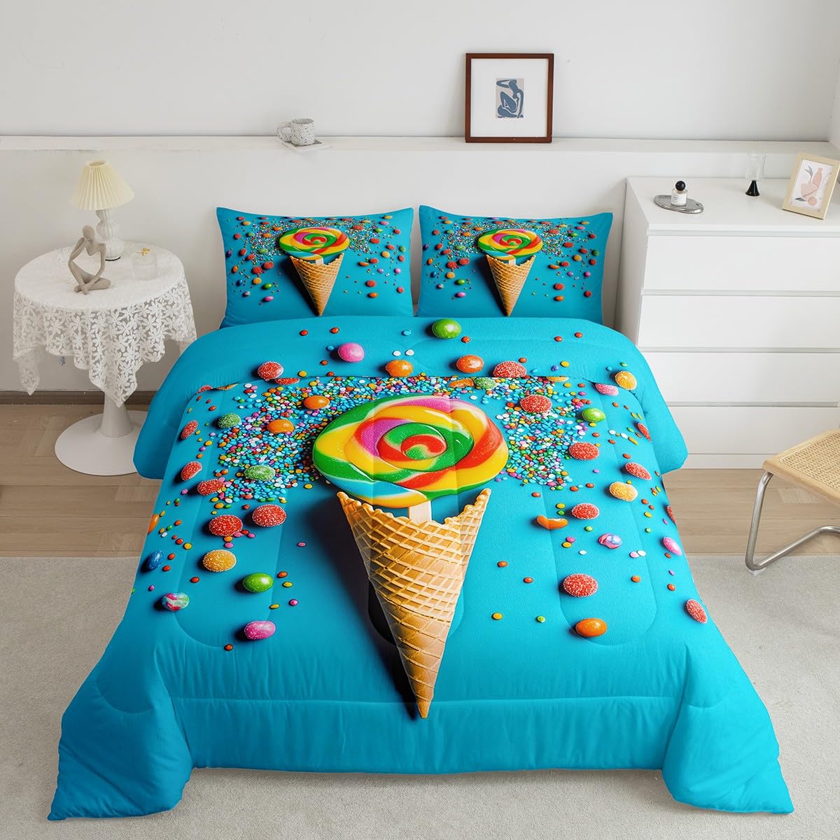 Erosebridal Rainbow Lollipop Duvet Insert Queen Size - Candy Themed Comforter Set for Kids & Boys, Cone Shaped Bedding with Dessert Theme | Fun Food Decor for Bedroom in Teal Color | Perfect for Kids' Room, Birthday Gifts & Themed Bedroom Decor