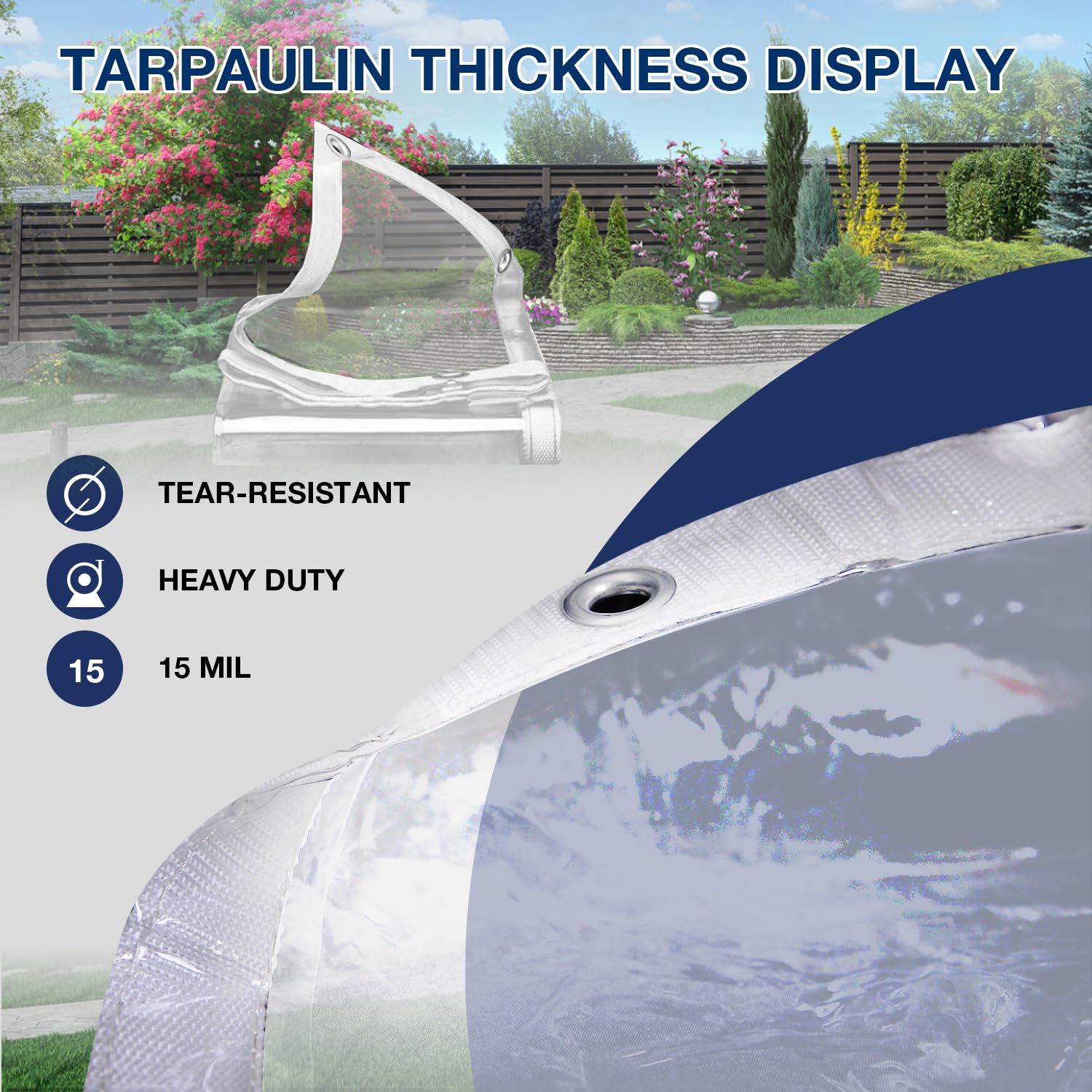 10' x 10' Clear Vinyl PVC Tarp - 15 Mil Waterproof & 100% Transparent Plastic Sheeting - Heavy Duty Tarpaulin Cover for Garden, Patio, Window, Drop Cloth & Outdoor Protection