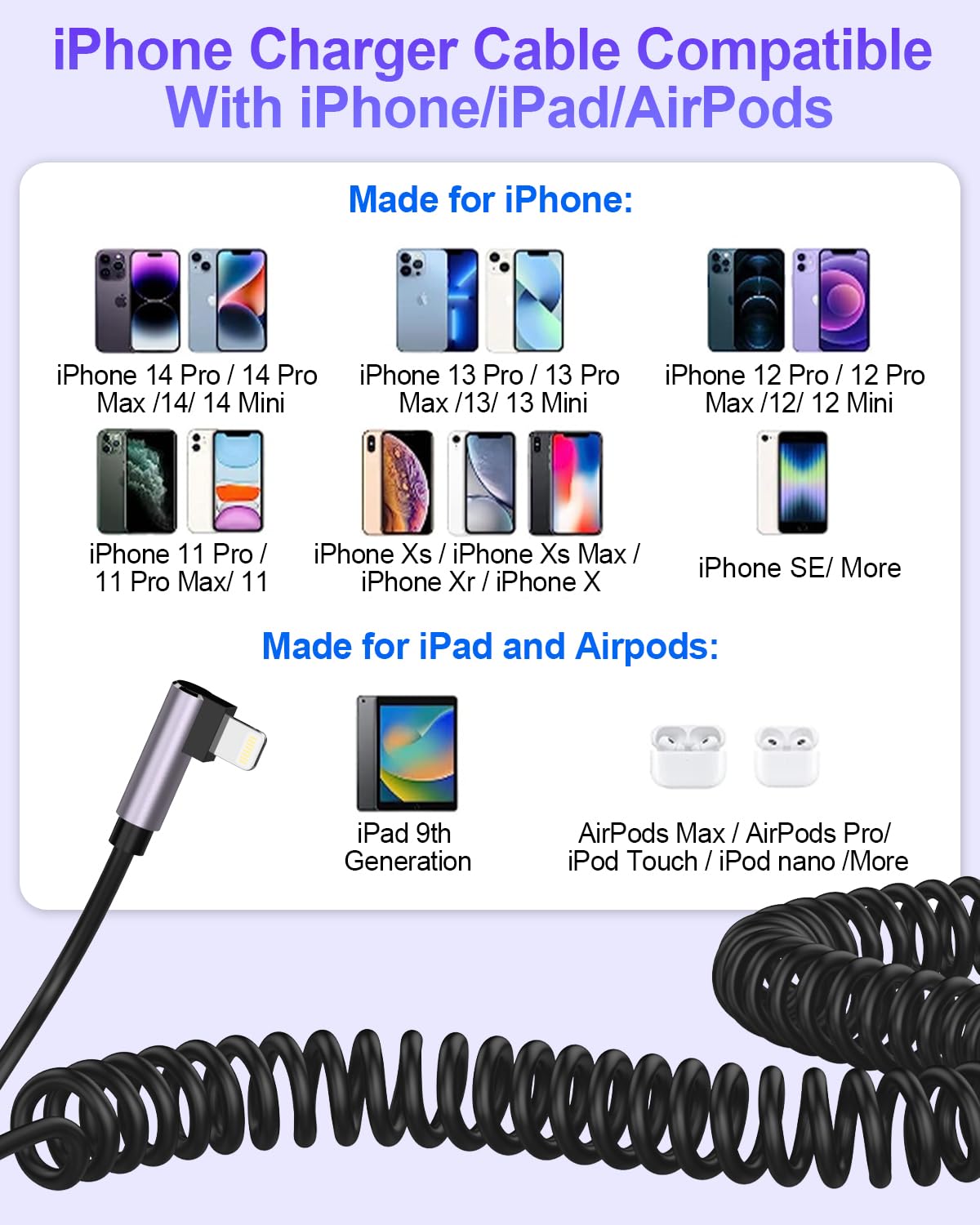 90 Degree Coiled Lightning Cable MFi Certified - 2 Pack Short iPhone Charger for Car, 3FT USB Cable for iPhone 14/13/12/11 Pro Max/XR/XS/X/8/7 & iPad/iPod - Perfect for CarPlay & Tight Spaces