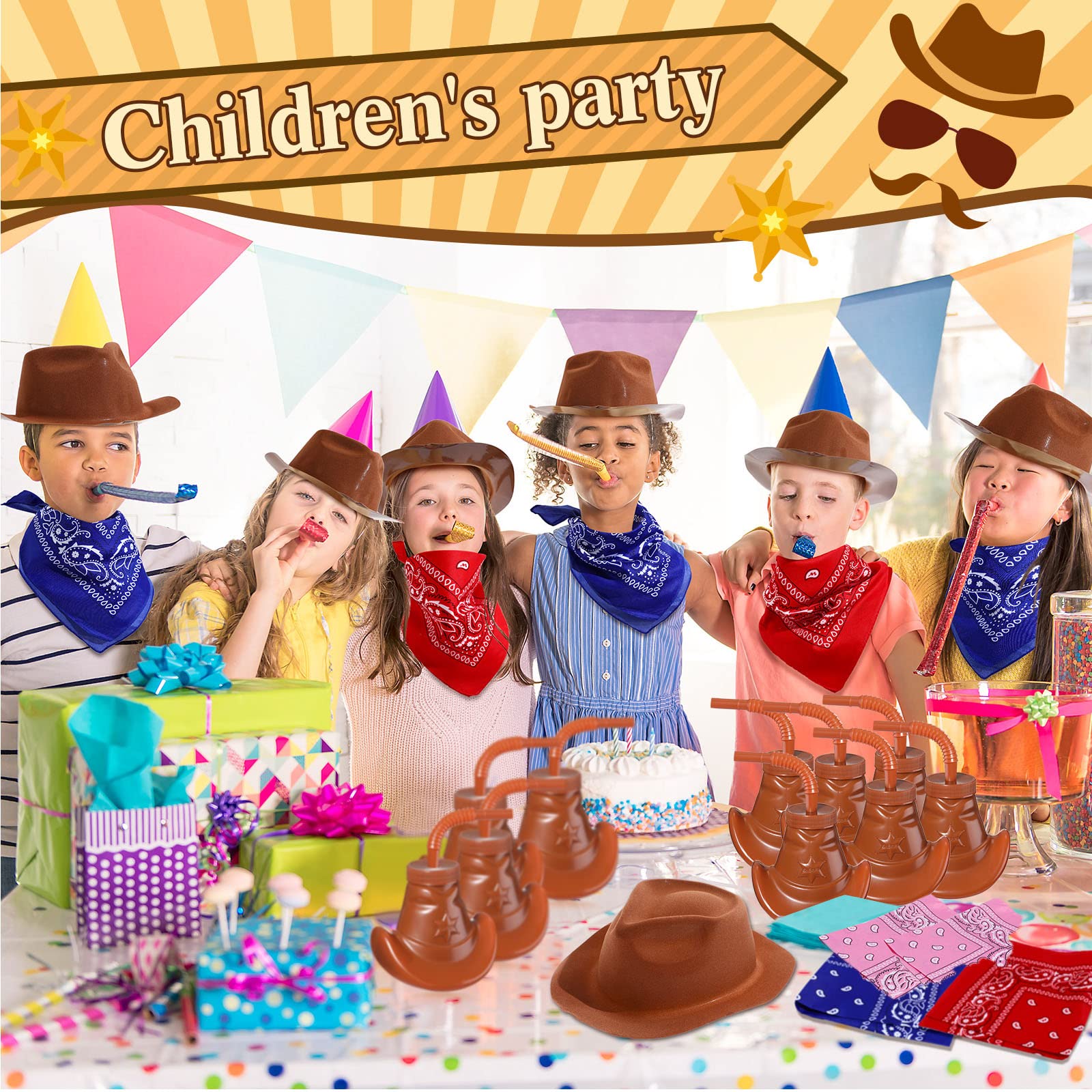12 Pack Cowboy Hat Party Cups with Straws & Lids - 10oz Western Themed Plastic Cups for Rodeo, Cowgirl Birthday, Wild West Decorations & Party Supplies (Brown) - Perfect for BBQ, Country Weddings & Themed Events