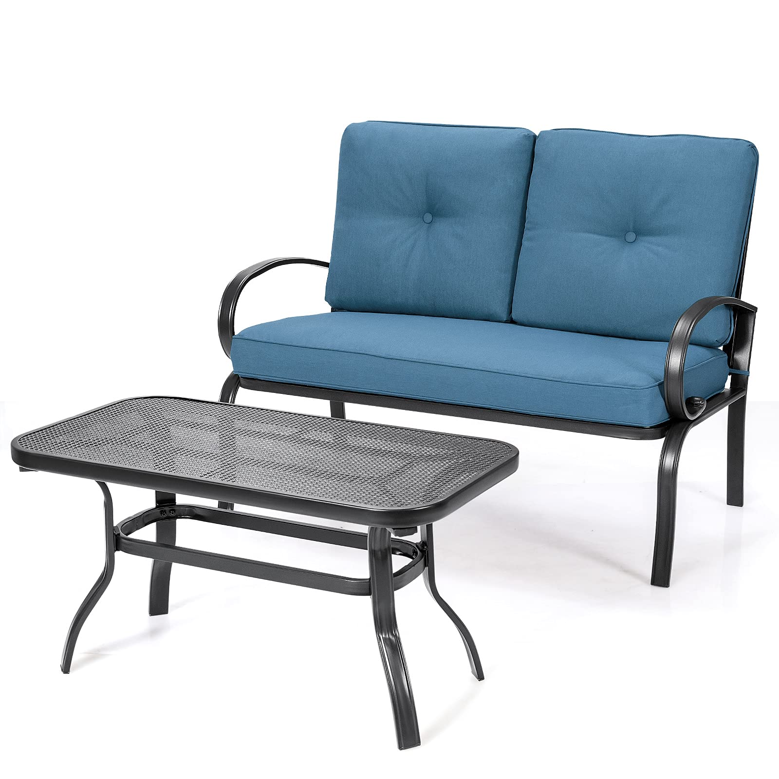 Giantex Outdoor Loveseat with Coffee Table - Patio Bench with Cushion & Sturdy Metal Frame - Navy & Black Garden Sofa Set for Porch, Yard, Poolside - Perfect for Relaxing, Entertaining & Outdoor Lounging
