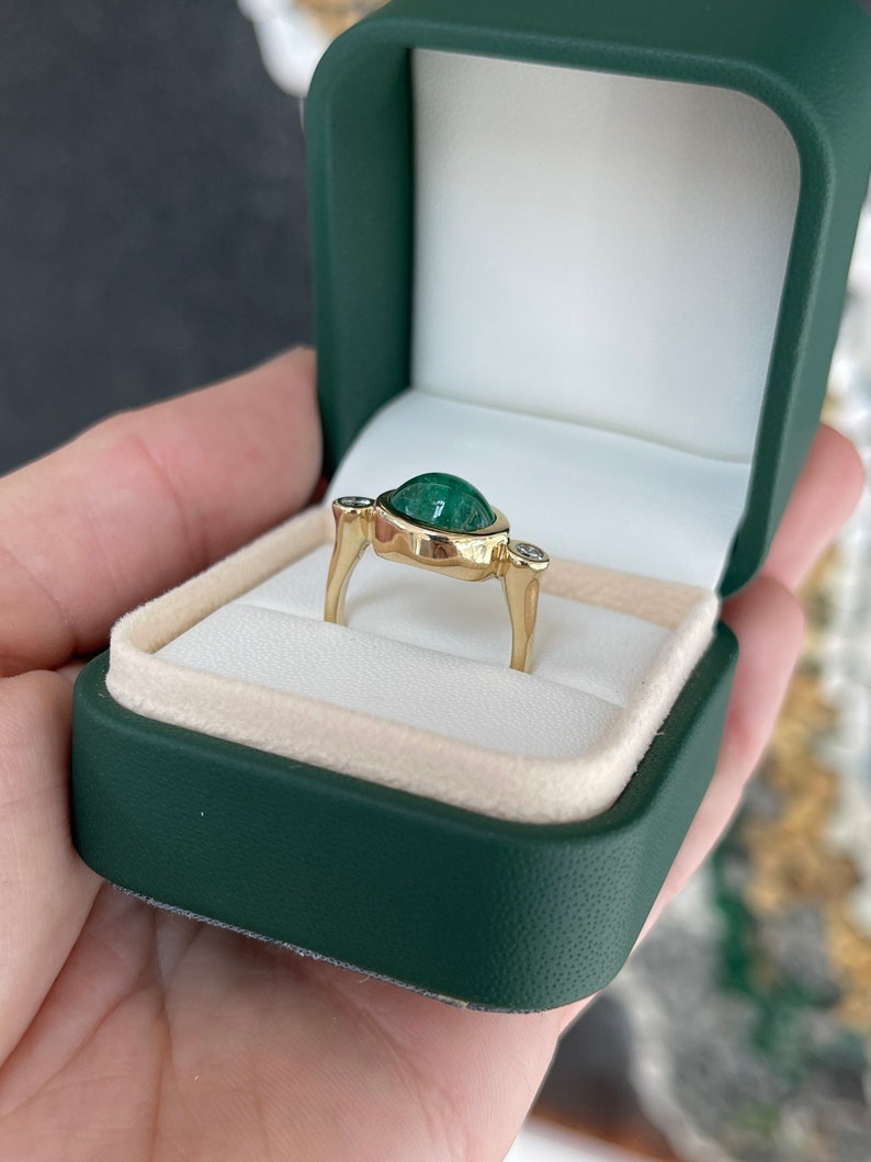 4.50tcw 14K Gold Oval Dark Green Emerald Cabochon & Diamond Accent Three Stone Ring for Women - Elegant Jewelry Gift for Anniversary, Engagement, or Special Occasion