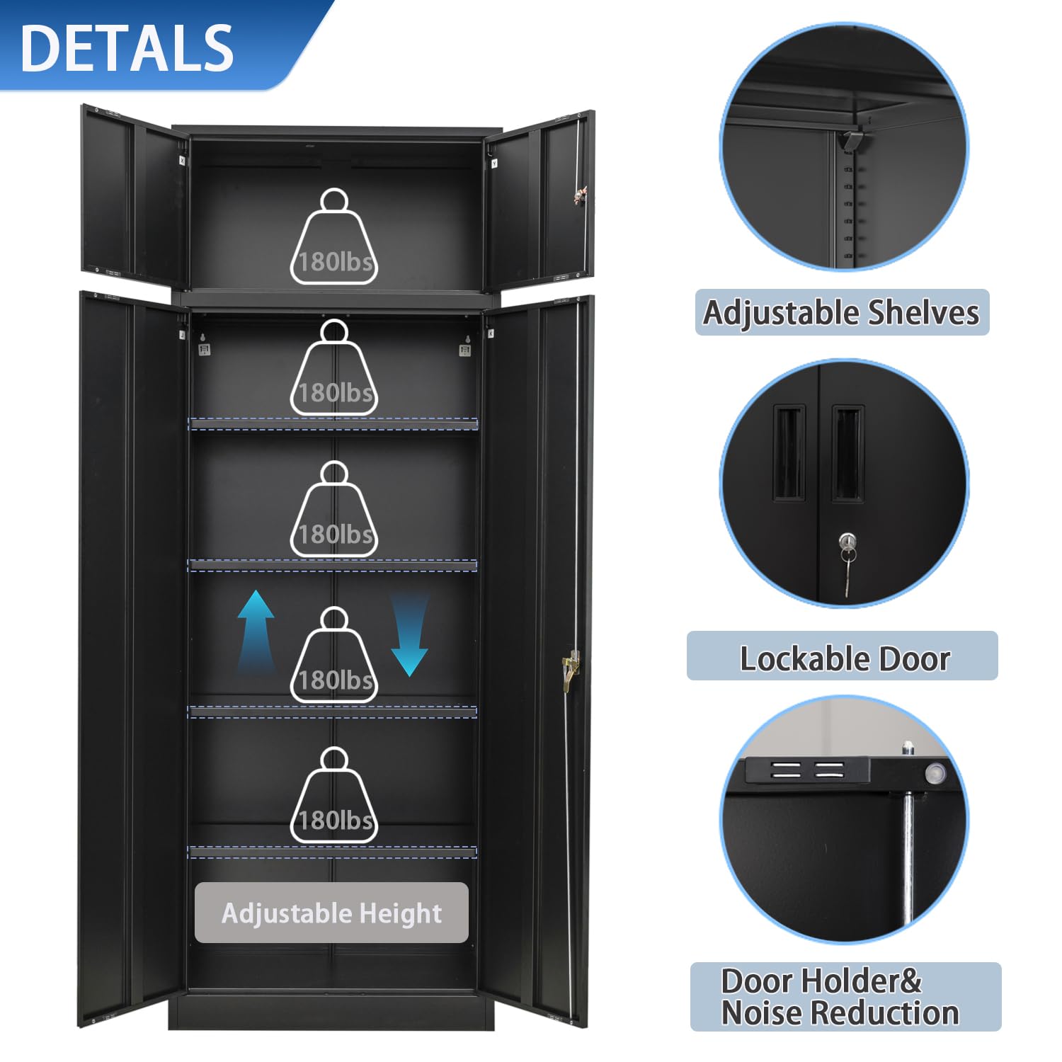Metal Storage Cabinet with Lock - 2 Lockable Doors & 4 Adjustable Shelves for Garage, Office, Home, Gym, School | Heavy Duty Black Steel Organizer for Tools, Supplies & Pantry Items