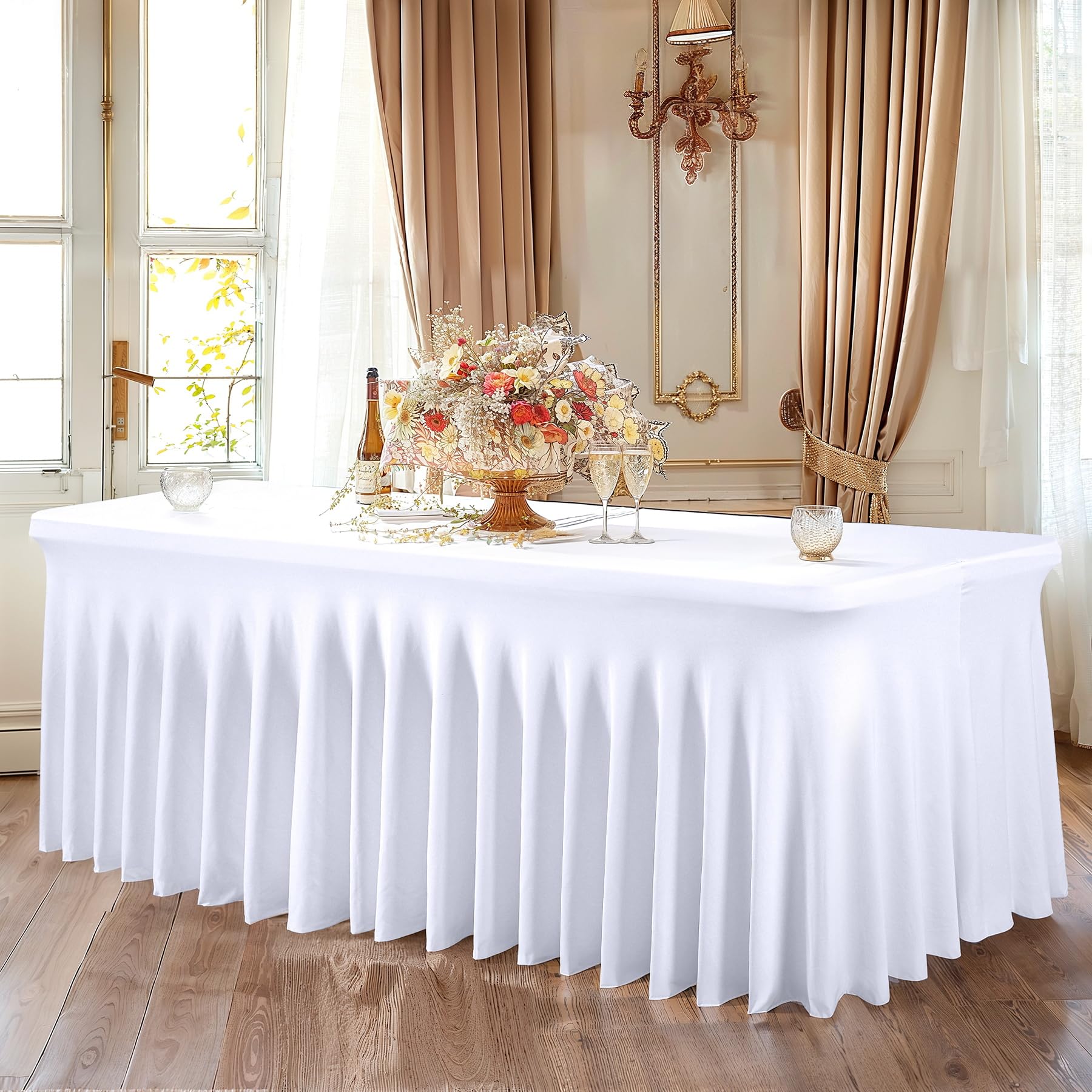 PARTISKY 4ft White Spandex Table Skirt - Stretchable Table Cover for 4 Foot Rectangle Folding Tables - Perfect for Weddings, Banquets & Party Decorations