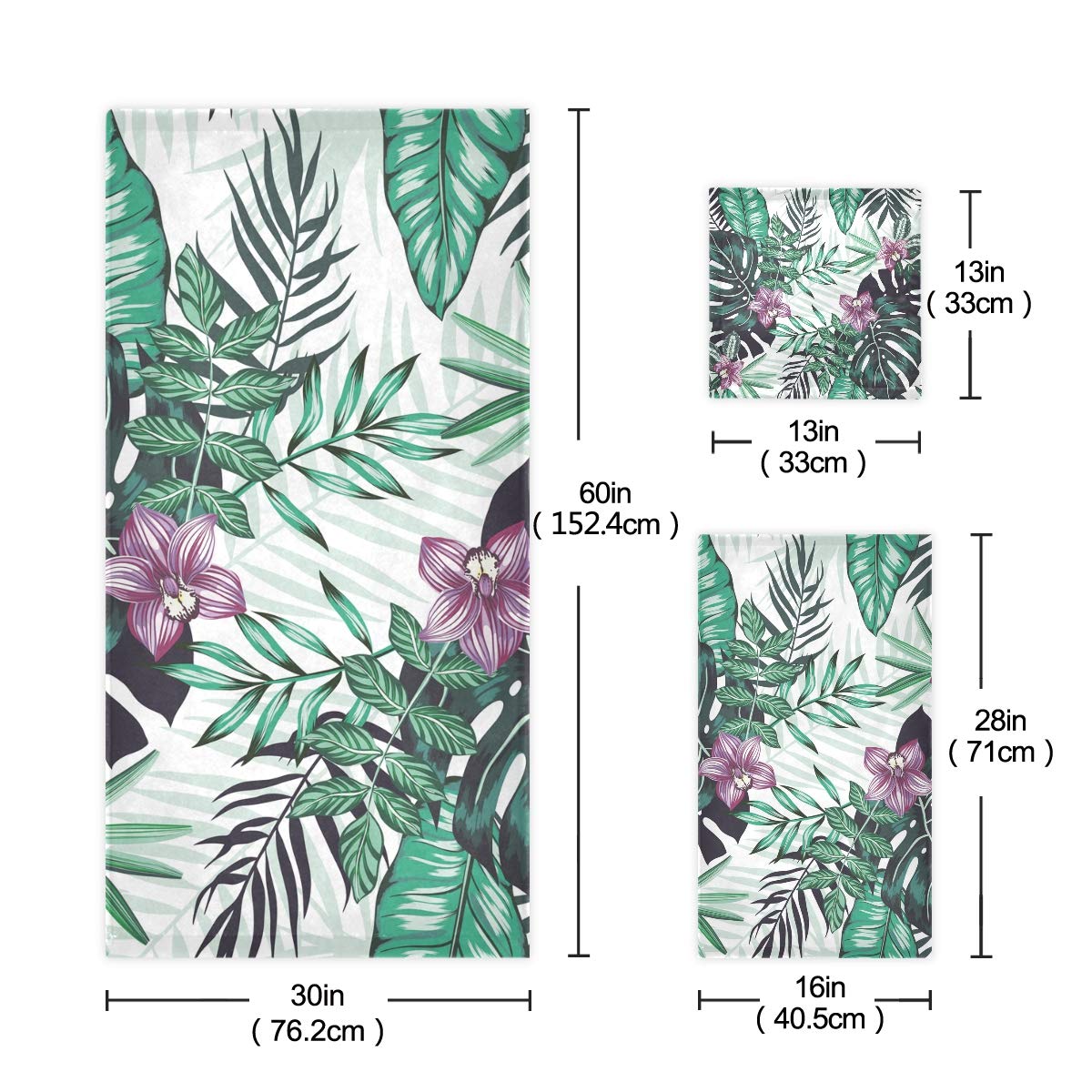 ALAZA 3-Piece Tropical Bath Towel Set - Soft, Highly Absorbent Orchid Flower & Palm Leaf Design - Includes 1 Bath Towel, 1 Hand Towel, 1 Washcloth for Bathroom, Spa, Beach & Gym Decor