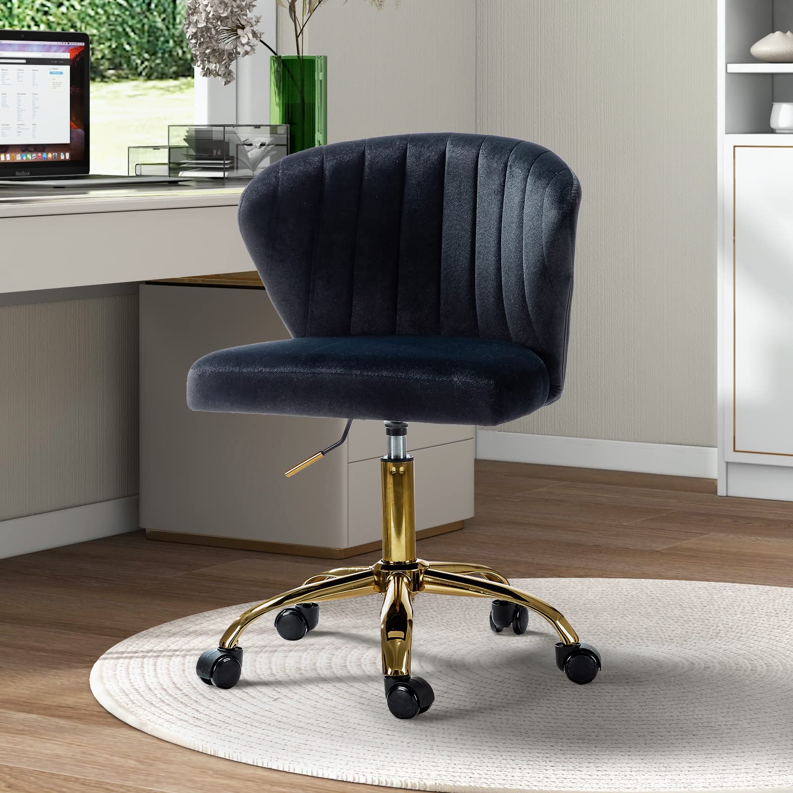 TINA'S HOME Modern Velvet Office Chair with Wheels - Adjustable Low Back Swivel Rolling Task Chair, Gold Base Armless Design for Home Office, Living Room, Vanity or Study - Black | Ergonomic Workspace & Reading Solution