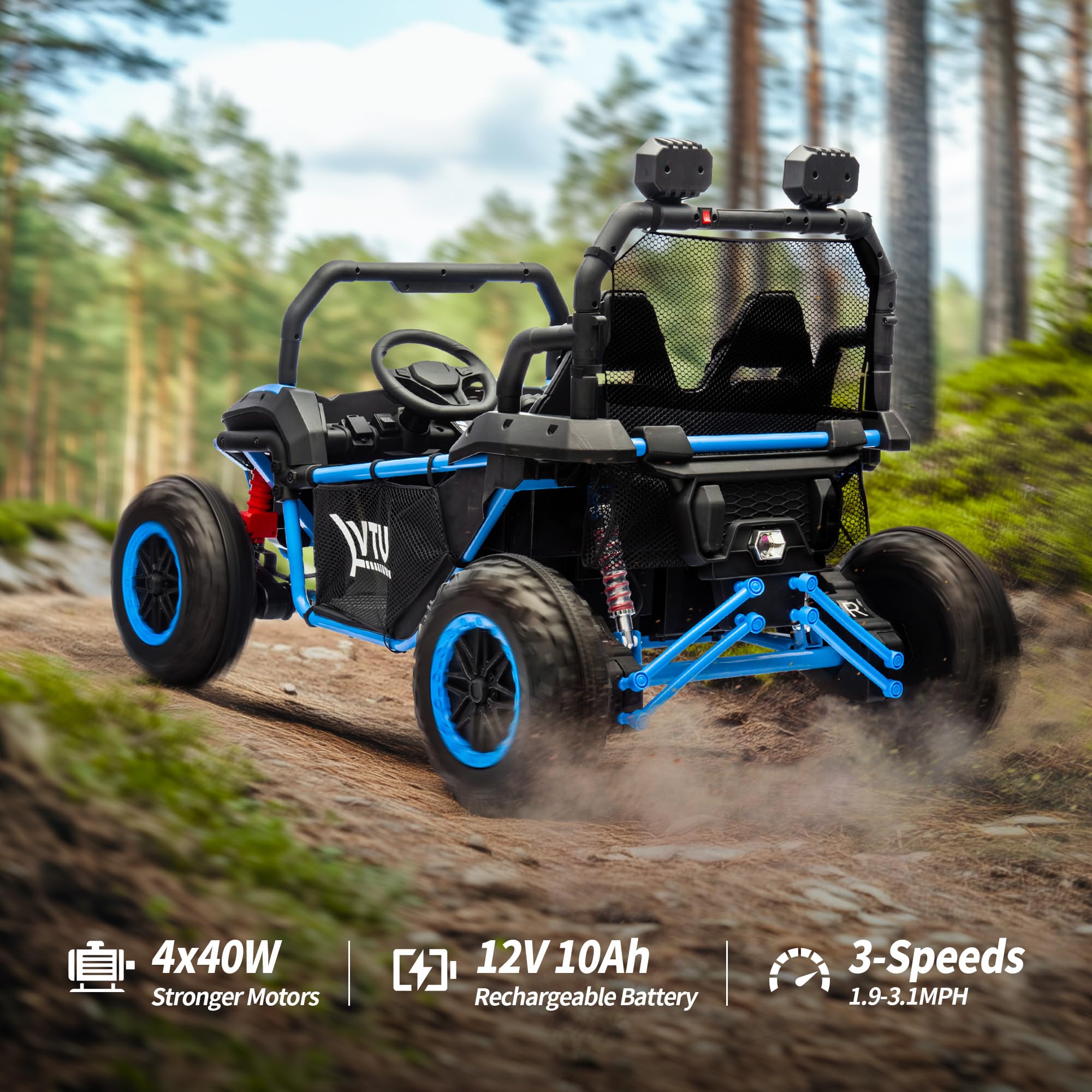 12V 4WD Kids Ride-On Car with Remote Control & Bluetooth - 2 Seater UTV Toy for Ages 3-8, Includes Storage - Blue | Outdoor Play, Birthday Gift, Backyard Adventure