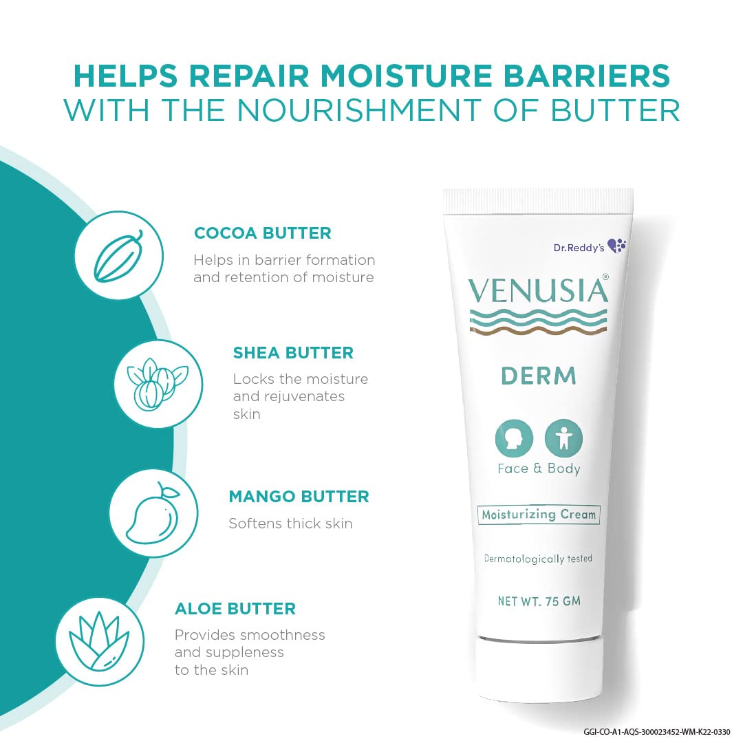 VENUSIA Dr. Reddy's Derm Moisturizing Lotion for Face & Body - 10 Hour Hydration, Dry Skin Repair & Nourishment, Soothes Itching & Irritation - Pack of 1 | Daily Skincare for Dry, Sensitive Skin at Home or Travel