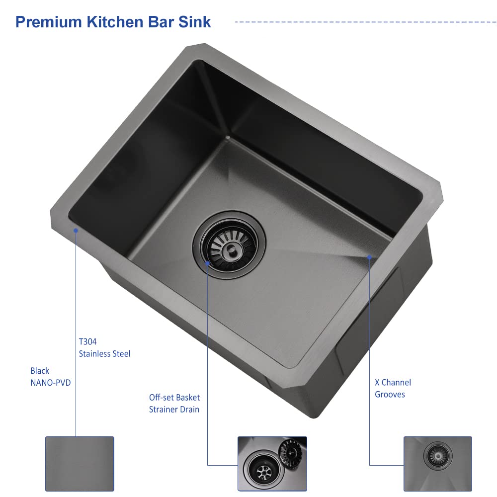 14 Inch Undermount Bar Sink Black - Hovheir 16 Gauge Stainless Steel Single Bowl Kitchen Sink (14x18 Inch) for Wet Bar, RV, Prep Station & Kitchen Island - Includes Bottom Grid - Durable & Stylish for Home & Commercial Use