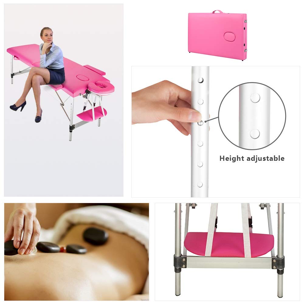 Portable Folding Aluminum Beauty Massage Table - 60CM Wide Pink for Home Spa & Salon - 2-Section Adjustable Design for Professional Massage Therapy
