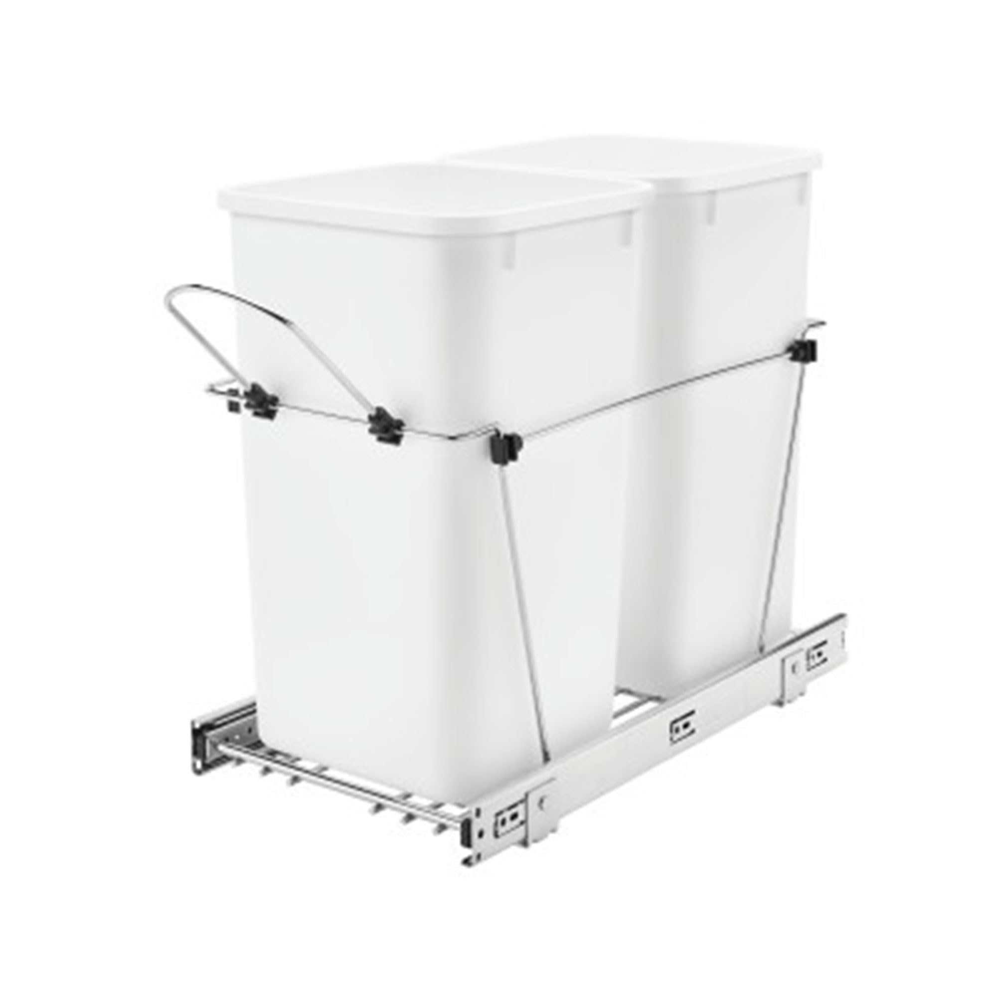 Rev-A-Shelf 27 Qt Under Cabinet Pull Out Trash Can - White Kitchen Waste Recycling Bin with Full Extension Slides (Model RV-15KD-11C) - Perfect for Small Kitchens, RVs & Space-Saving Storage Solutions