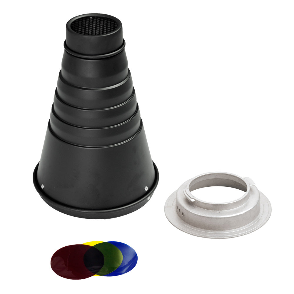 Interchangeable Conical Snoot with Honeycomb Grid & Color Gels - Perfect for Studio Photography, Portrait Lighting, and Creative Light Control