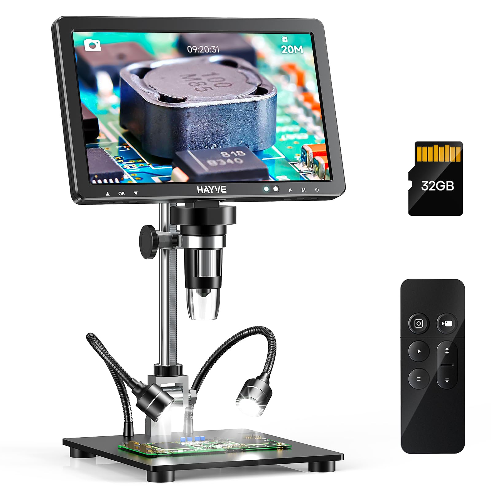 Hayve DM12 10.1 Inch HDMI Digital Microscope with 2000X Magnification - IPS Screen Coin Microscope, 20MP Soldering Microscope for Electronics Repair, Includes 10.4 Inch Adjustable Stand & 32GB Card - Compatible with PC/TV - Perfect for Coin Collecting, PCB Inspection, Jewelry Appraisal & Science Education