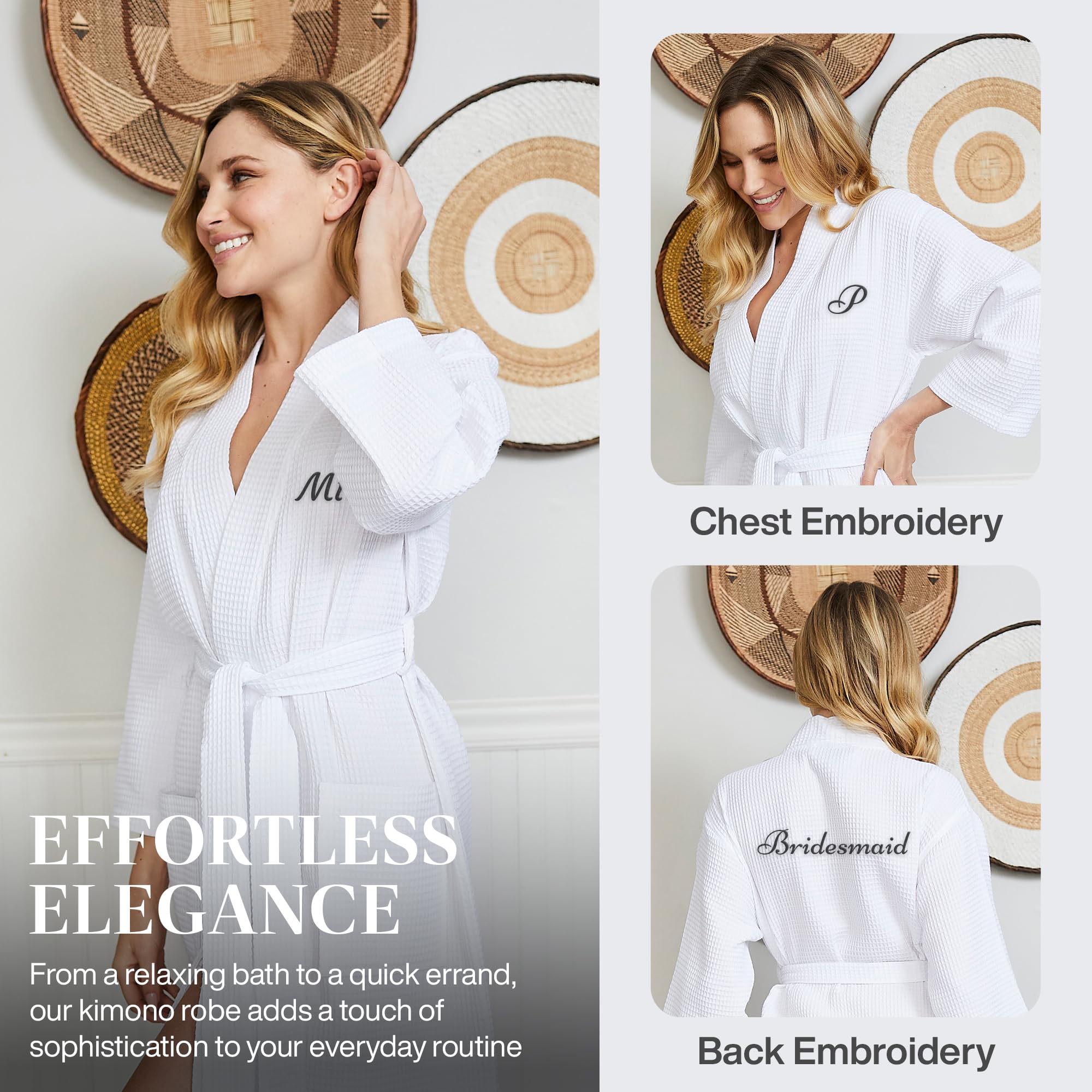 Lotus Linen Women's Lightweight Waffle Kimono Robe - Soft Cotton Spa Bathrobe with Knee Length Design - Personalized Bridesmaid Gift Set for Wedding, Bachelorette Party & Relaxing at Home