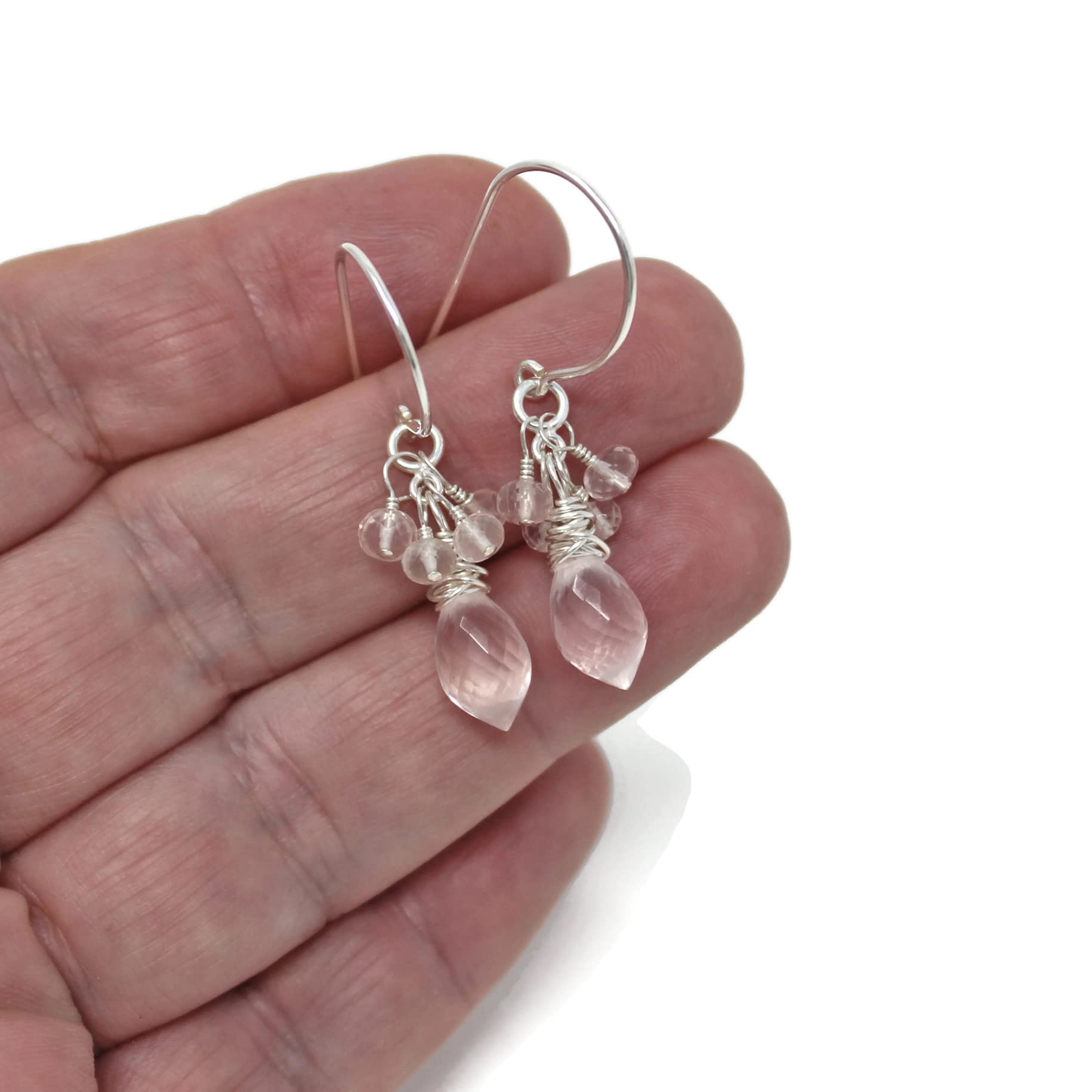 Handmade Rose Quartz Cluster Earrings - Sterling Silver 925 Hypoallergenic Jewelry for Women | Boho Chic Dangle Earrings for Date Night, Wedding & Special Occasions