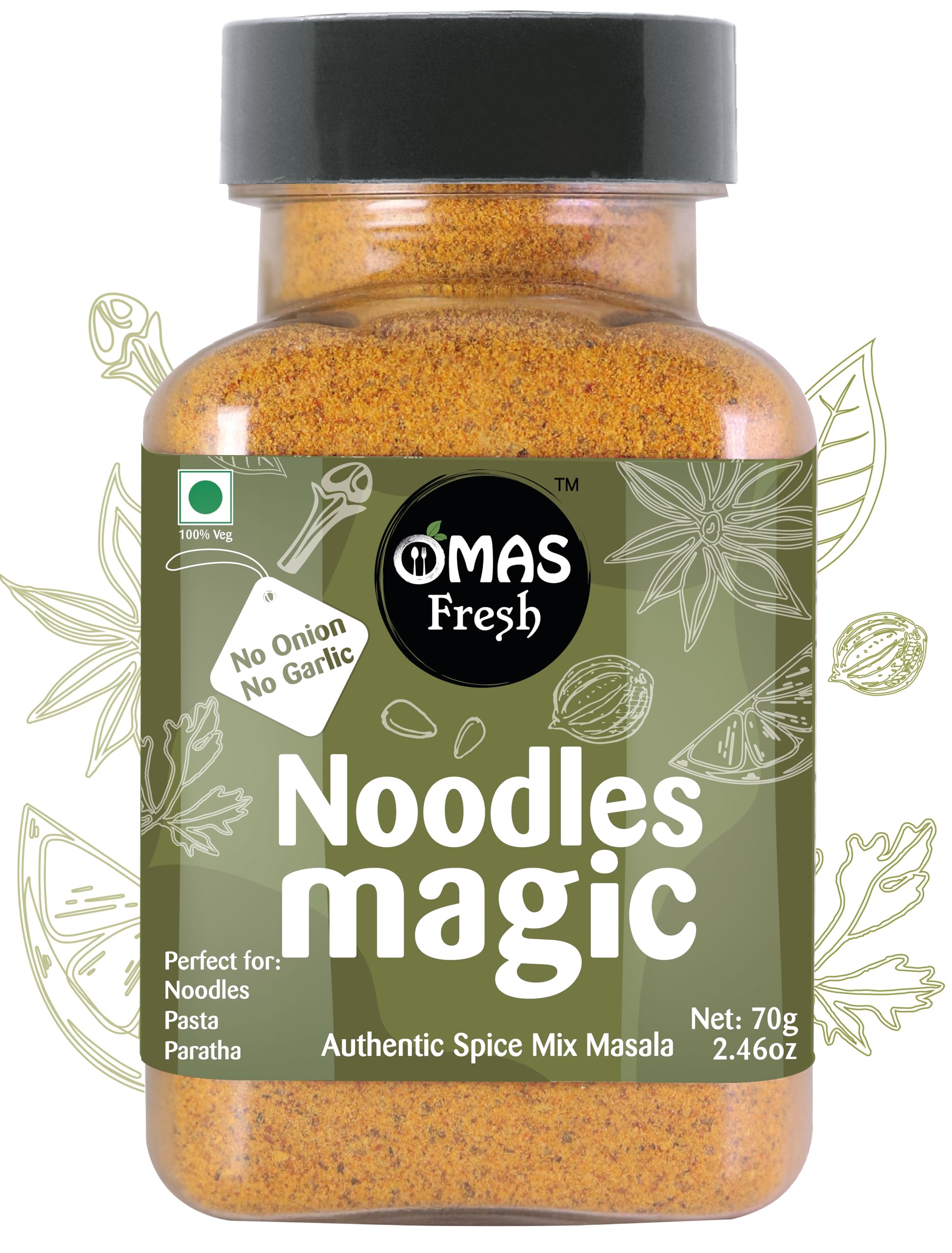 Omas Fresh No Onion No Garlic Noodles Spice Mix Masala Powder 70G | Authentic Jain Masala for Noodles, Pasta, Paratha & Wraps | Vegan, Gluten-Free Seasoning for Indian & Asian Cuisine | 0.068 Kg