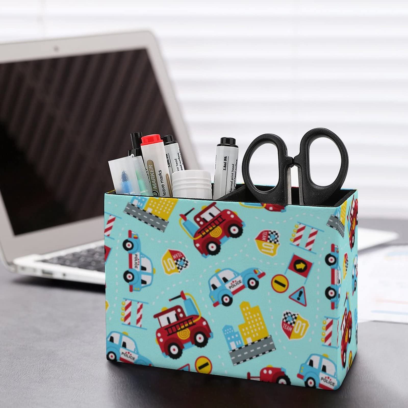 Cartoon Cars Pen Holder for Desk - Leather Pencil Organizer & Makeup Brush Storage for Office, School, College | Perfect Desktop Organizer for Stationery, Art Supplies, and Cosmetics