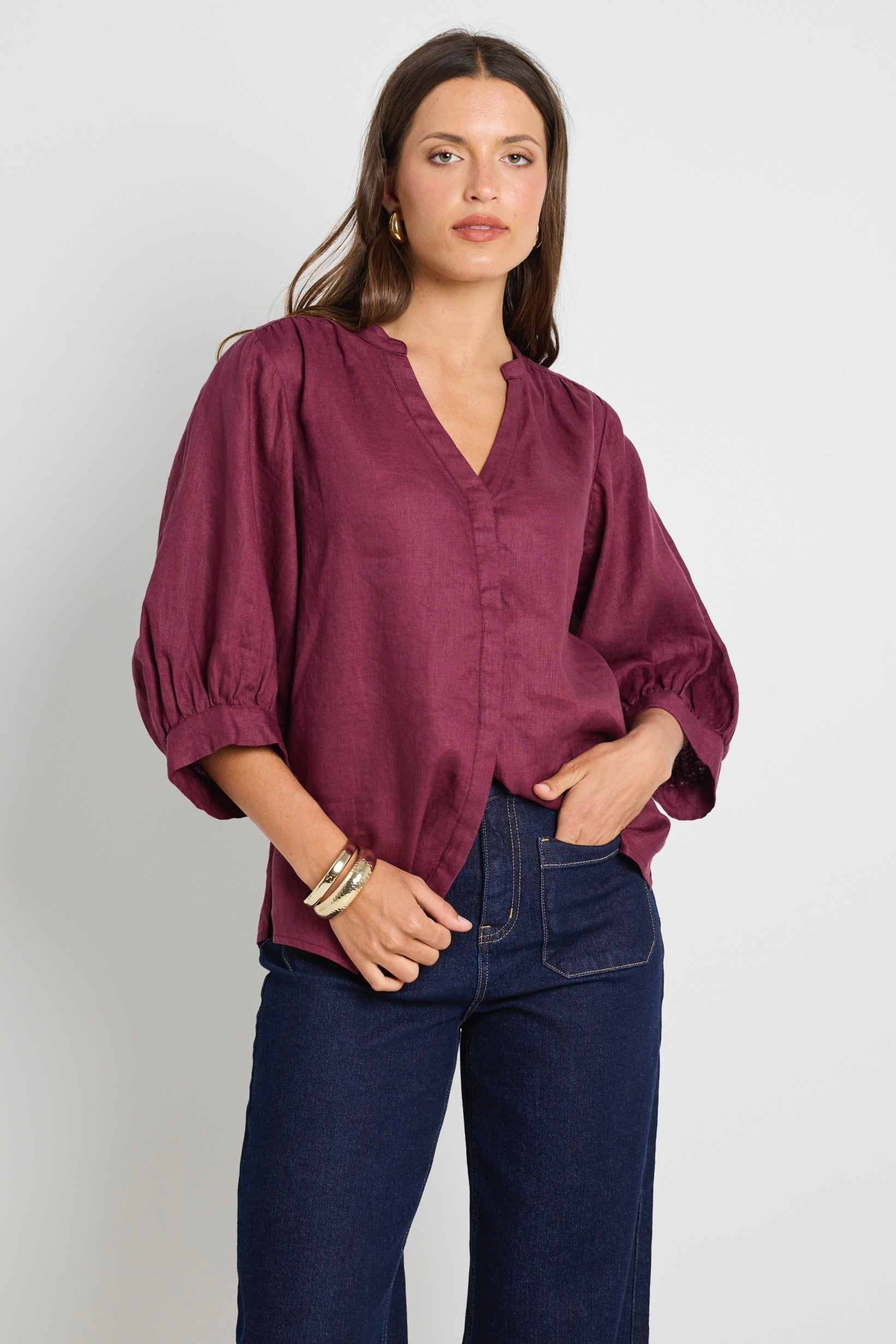 Deity Women's Burgundy Plum Linen Button-Down Blouse with Puff Sleeves - Elegant Casual Top for Office, Date Night & Summer Outfits