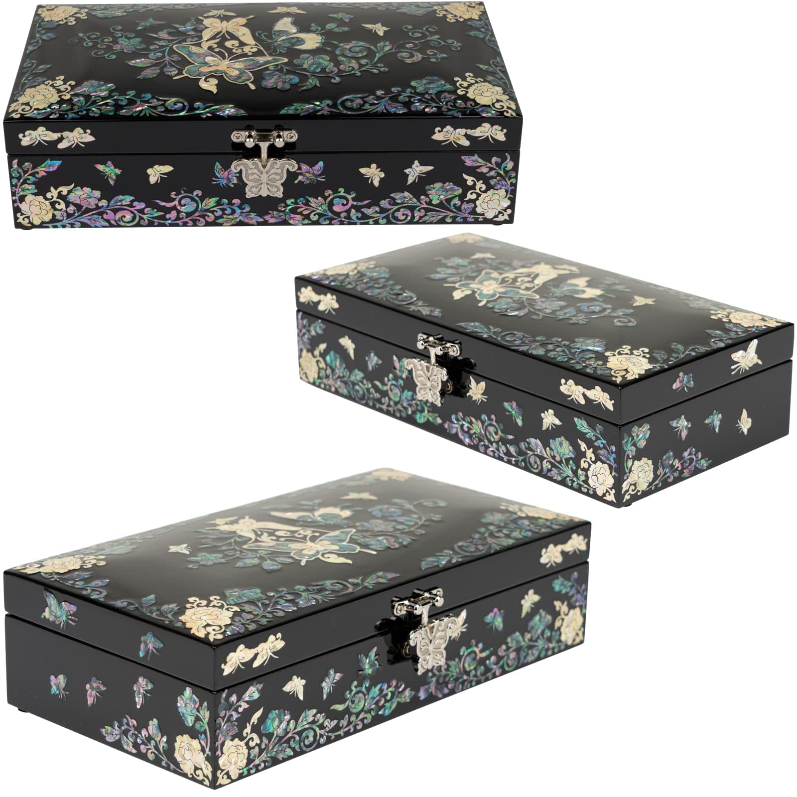 February Mountain Mother of Pearl Jewelry Organizer Box - Handmade Large Wooden Jewelry Storage Case with Butterfly Floral Design, Perfect Romantic Anniversary & Birthday Gift for Women | Jewelry Organization for Dresser, Vanity & Travel