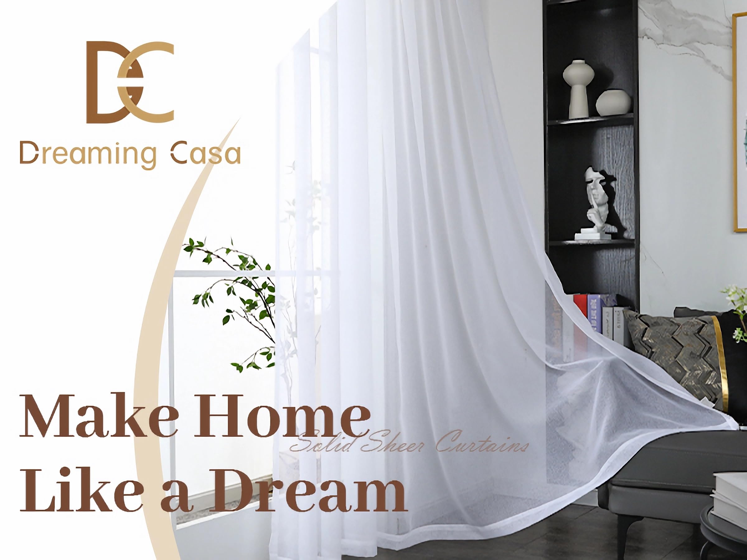 Dreaming Casa White Sheer Curtains - 2 Panels Rod Pocket Window Drapes 72x96 Inches for Living Room & Bedroom | Light Filtering Privacy Curtains