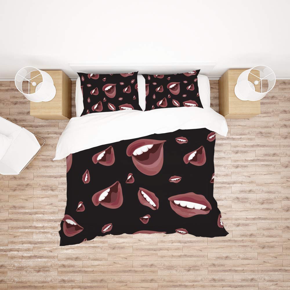 3-Piece Sexy Lips Printed Duvet Cover Set with Pillow Shams - Soft Breathable Cotton Farmhouse Bedding for All Seasons | Perfect for Master Bedroom, Guest Room & Hotel Resort Decor