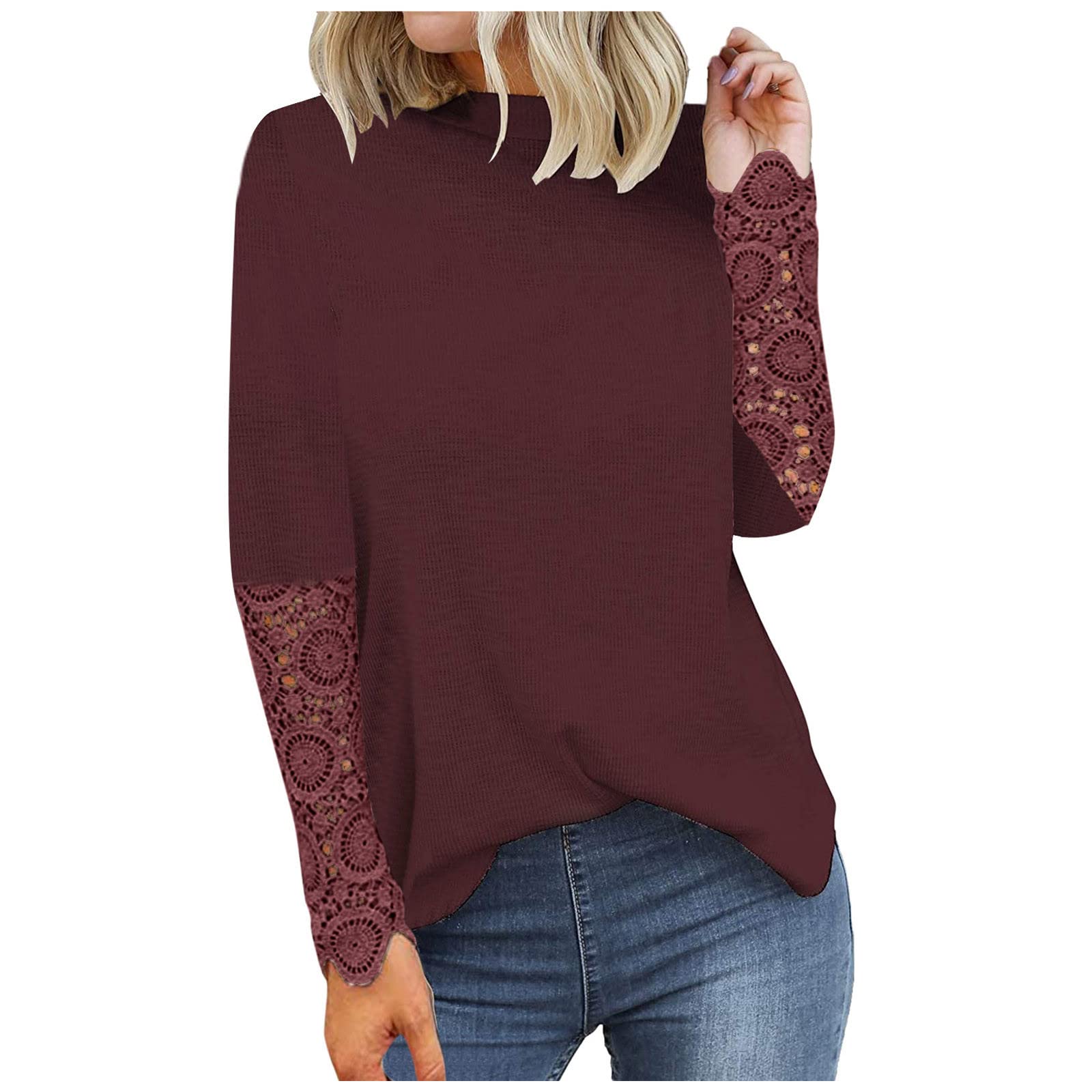 Women's Cute Balloon Sleeve T-Shirt - Round Neck Waffle Knit Long Sleeve Blouse, Loose Fit Business Casual Tunic Top for Office Wear & Everyday Outfits