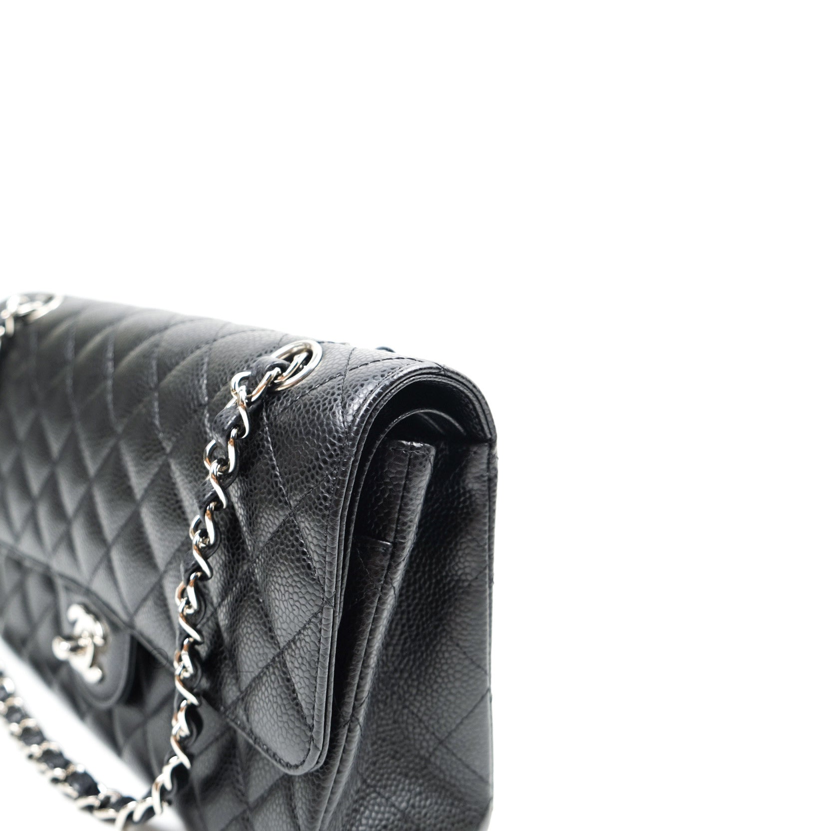 Chanel Classic Double Flap M/L Black Caviar Leather Bag with Silver Hardware - Luxury Designer Handbag for Women, Perfect for Work, Evening & Special Occasions
