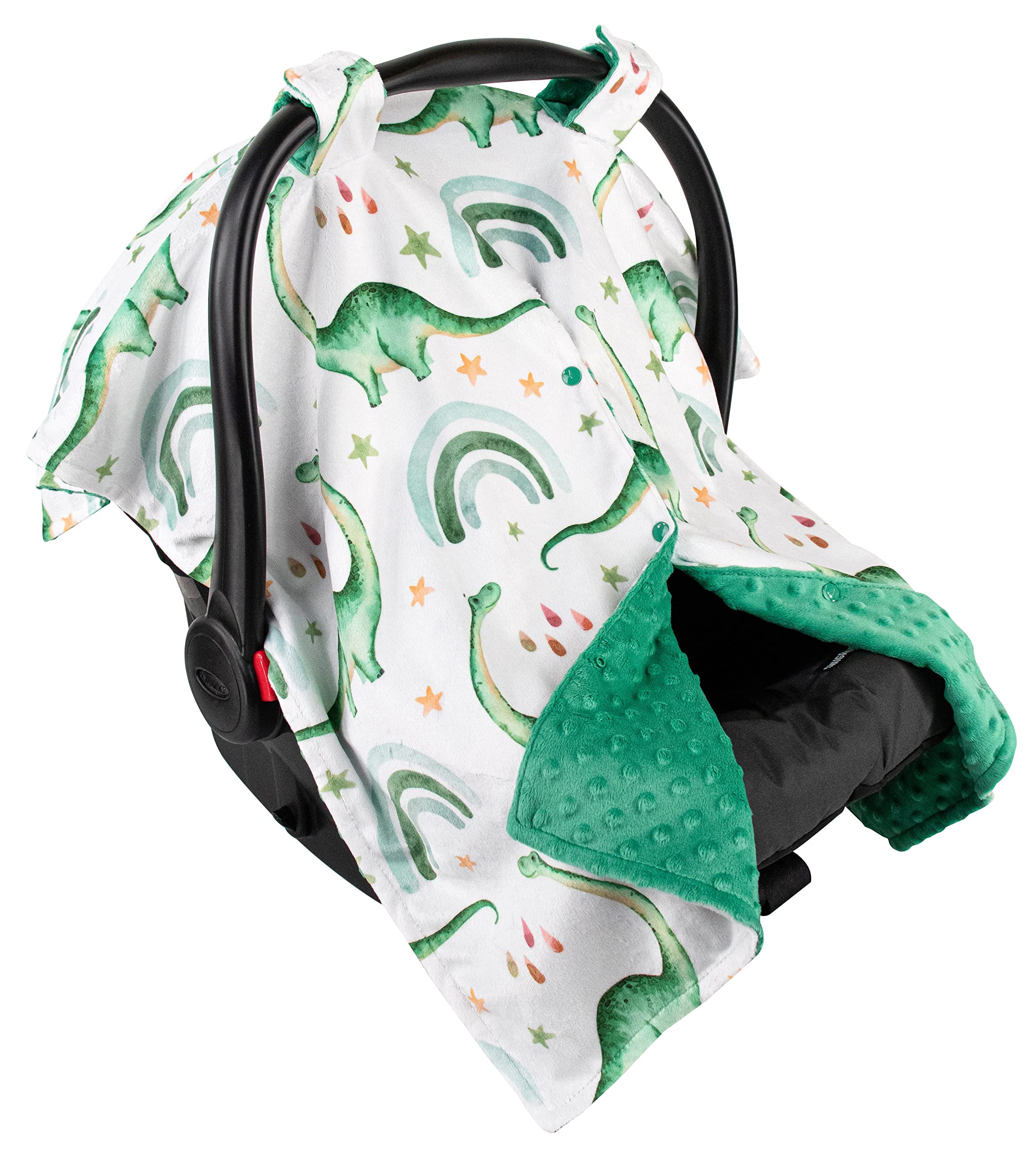 Top Tots Deluxe Minky Baby Car Seat Cover - Longneck Dinosaur Design, 40 x 29 Inch Green | Soft & Cozy Infant Car Seat Protector for Strollers & Shopping Carts | Perfect Gift for Newborns & Baby Showers