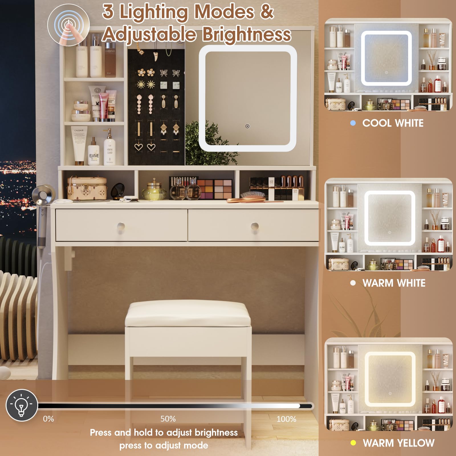 Vabches White Vanity Desk with LED Lights & Mirror - Makeup Dressing Table with Sliding Mirror, Jewelry Storage & 2 Drawers - Perfect for Bedroom, Dressing Room & Home Beauty Station
