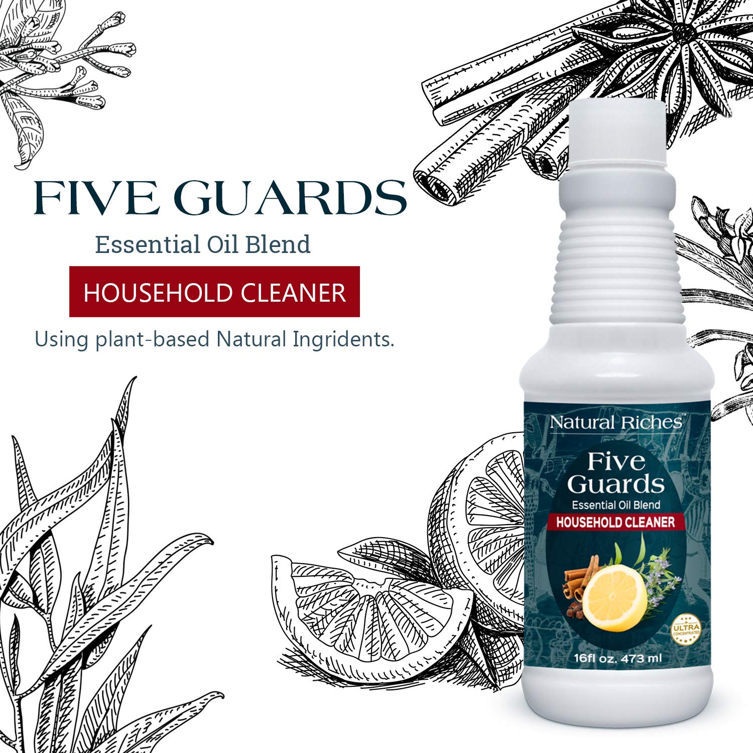 Natural Riches Five Guards Essential Oil Blend Household Cleaner Concentrate - 16 fl oz | All-Purpose Disinfectant for Kitchen, Bathroom & Floors | Inspired by French Thieves' Tales