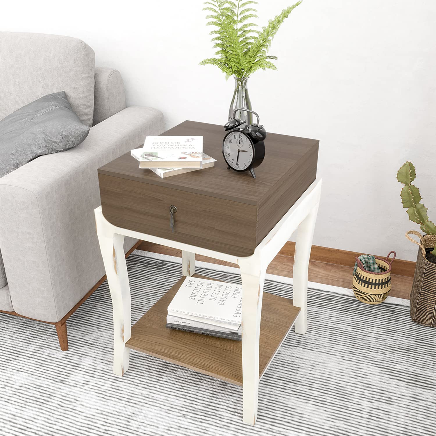 HOMPUS Wooden Nightstand with Drawer & Storage Shelf - Traditional Square Side Table, MDF Board with Bent Legs - Perfect for Bedroom, Living Room, Office - White Finish | Compact End Table for Small Spaces & Home Decor