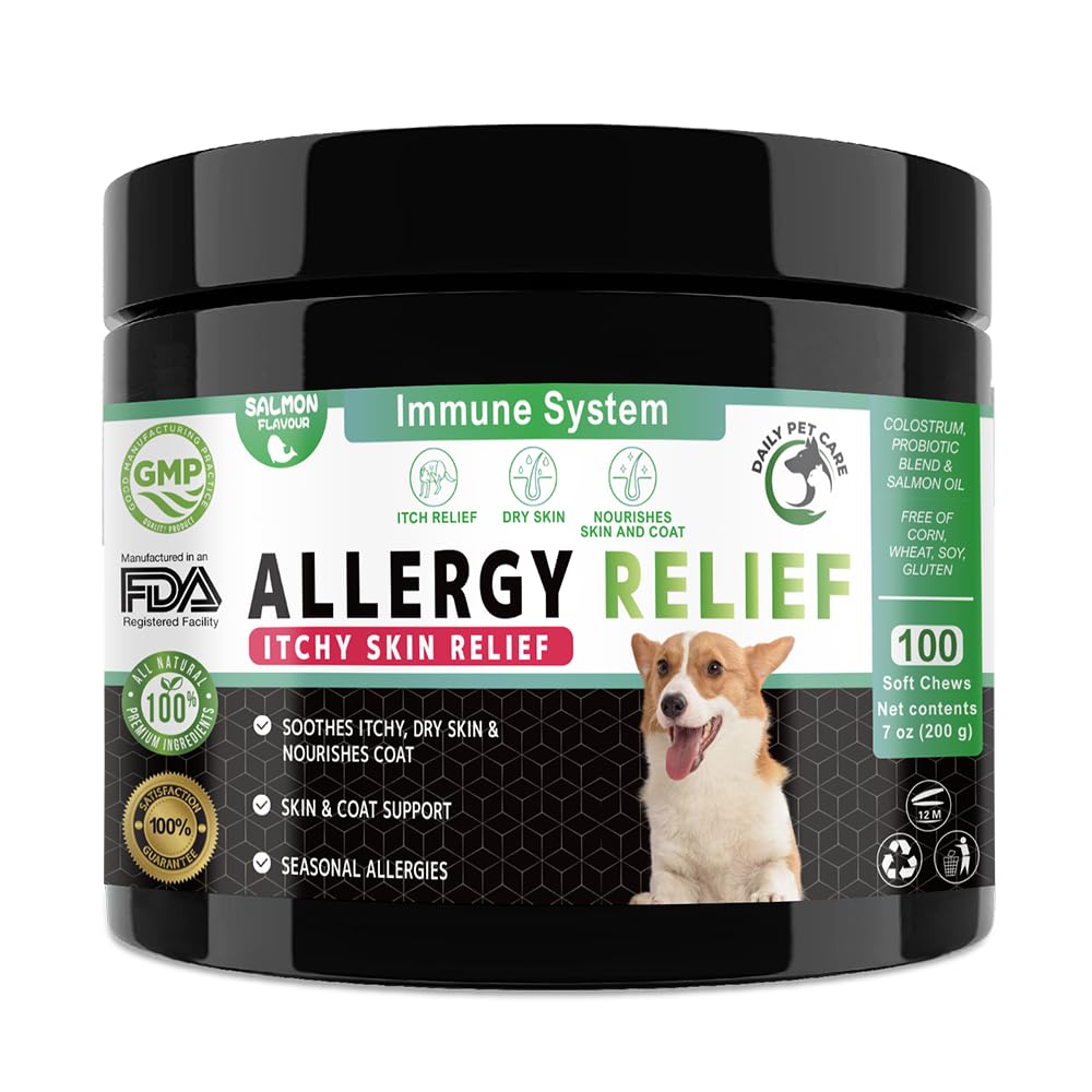 Natural Allergy & Itch Relief Dog Chews with Omega 3 Salmon Oil & Probiotics | Dog Itchy Skin Treatment & Seasonal Allergy Support | Delicious Dog Treats for Skin Health - Perfect for Daily Use & Outdoor Adventures