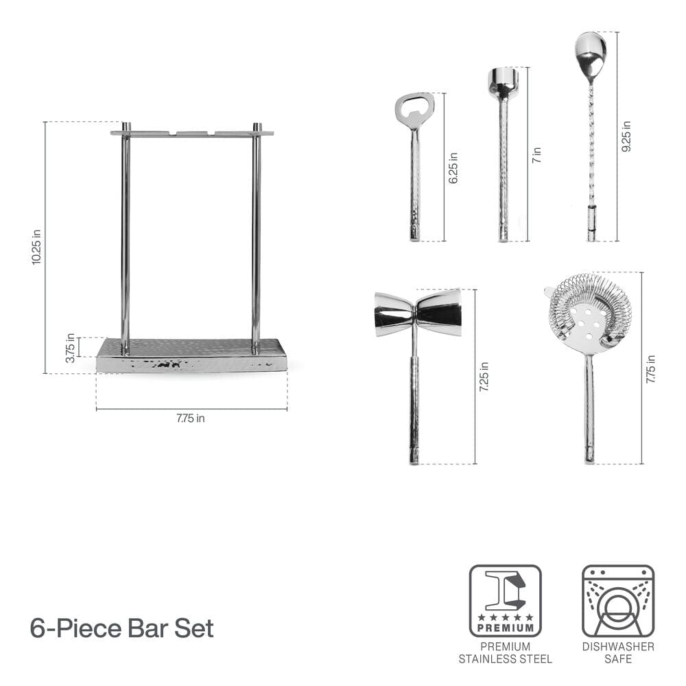 Premium Hammered 6-Piece Bar Tool Set - Stainless Steel Cocktail Mixing Kit with Jigger, Shaker & Strainer - Perfect for Home Bars, Cocktail Parties & Professional Bartenders