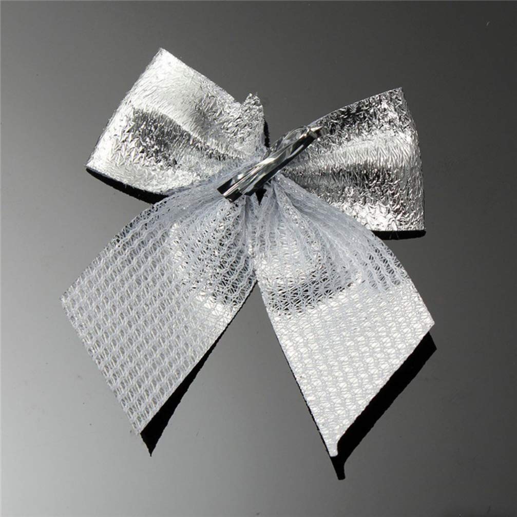 24Pcs Silver Metallic Ribbon Bows for Christmas Tree Decorations, Wreaths, DIY Headbands, Brooches & Boutique Crafts – 5.5cm Elegant Holiday Party Decor