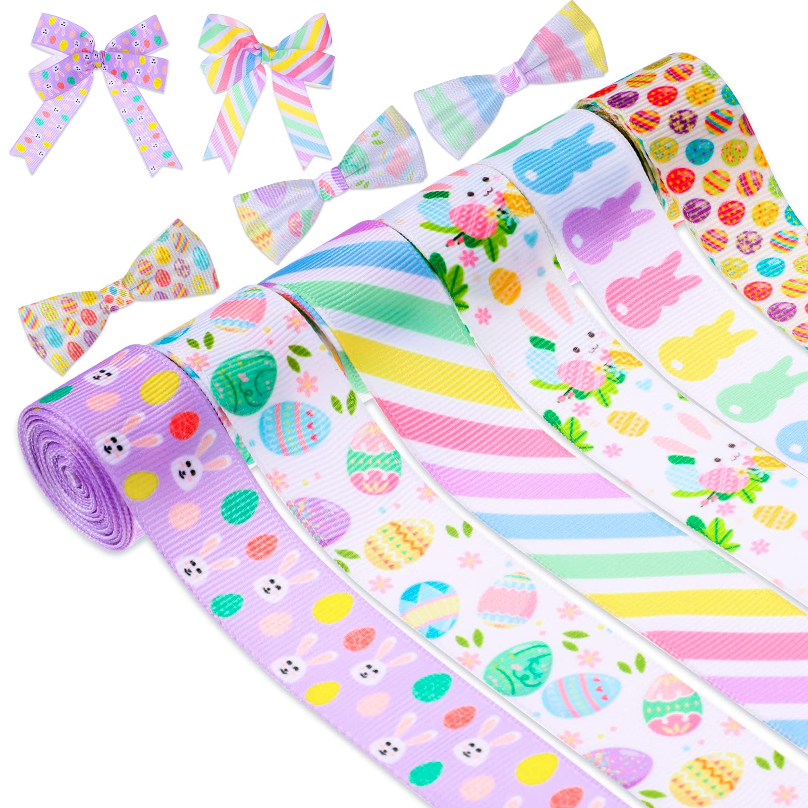 6 Rolls 12 Yards Easter Grosgrain Ribbon - Egg Bunny Floral Pattern for Spring Gift Wrapping, DIY Crafts, Hair Bows, Wreaths & Home Decor - Perfect for Easter Party Favors, Bouquets and Seasonal Decorations